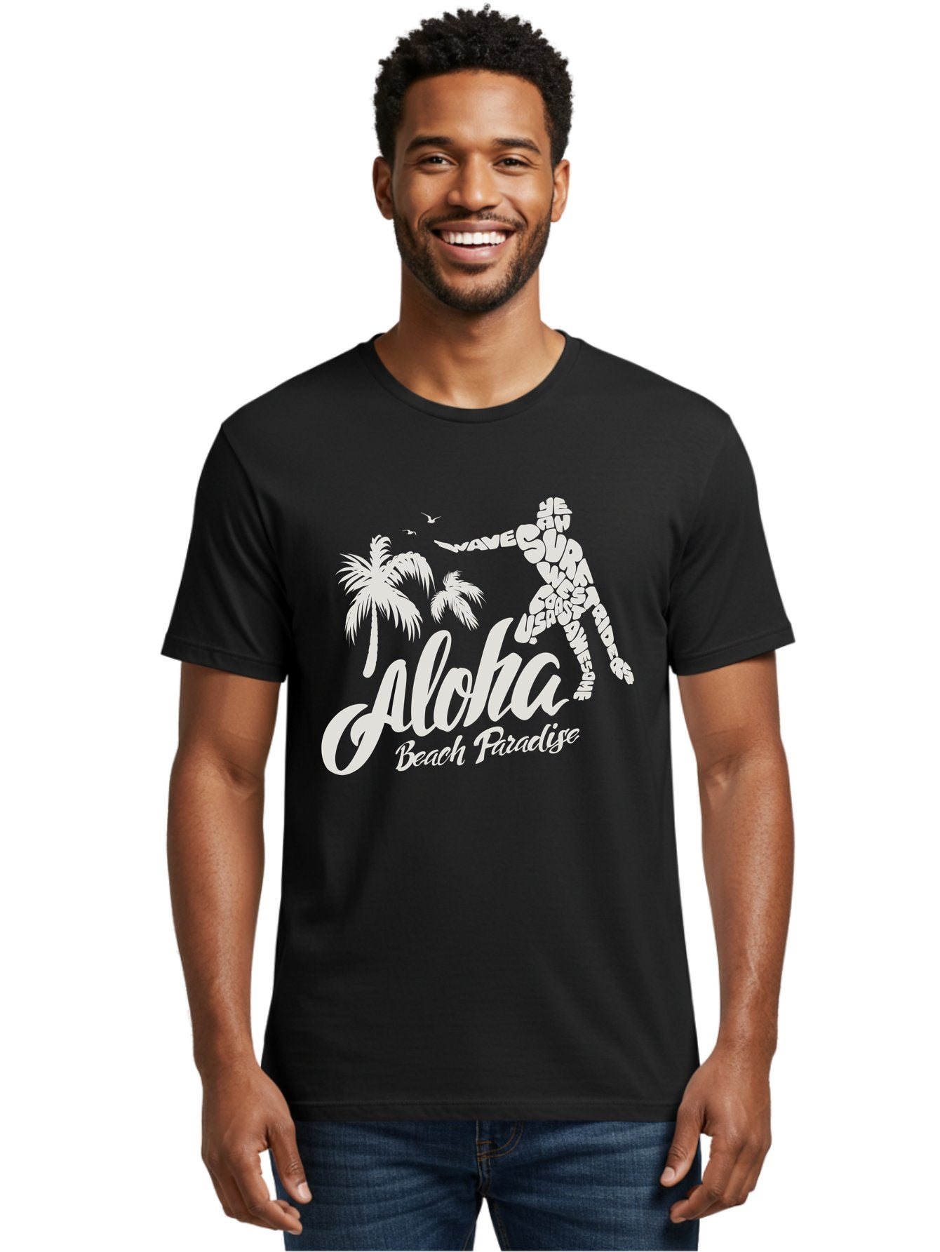 Aloha-Beach-Paradise Men'S Graphic Tee, 100% Cotton, Comfortable Casual Summer Wear, Machine Washable, Surfer Silhouette, Tropical Getaway, Beach Vacation, Surfing Culture, Wave Riding, Aloha Spirit, Island Vibes, Palm Trees, Beach Paradise, Aac368 19