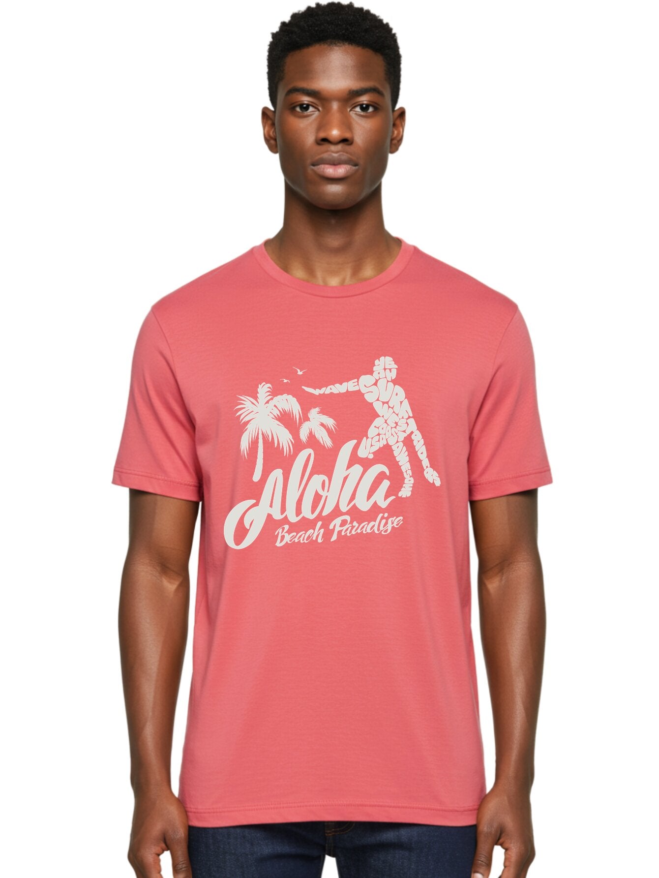 Aloha-Beach-Paradise Men'S Graphic Tee, 100% Cotton, Comfortable Casual Summer Wear, Machine Washable, Surfer Silhouette, Tropical Getaway, Beach Vacation, Surfing Culture, Wave Riding, Aloha Spirit, Island Vibes, Palm Trees, Beach Paradise, Aac368 26