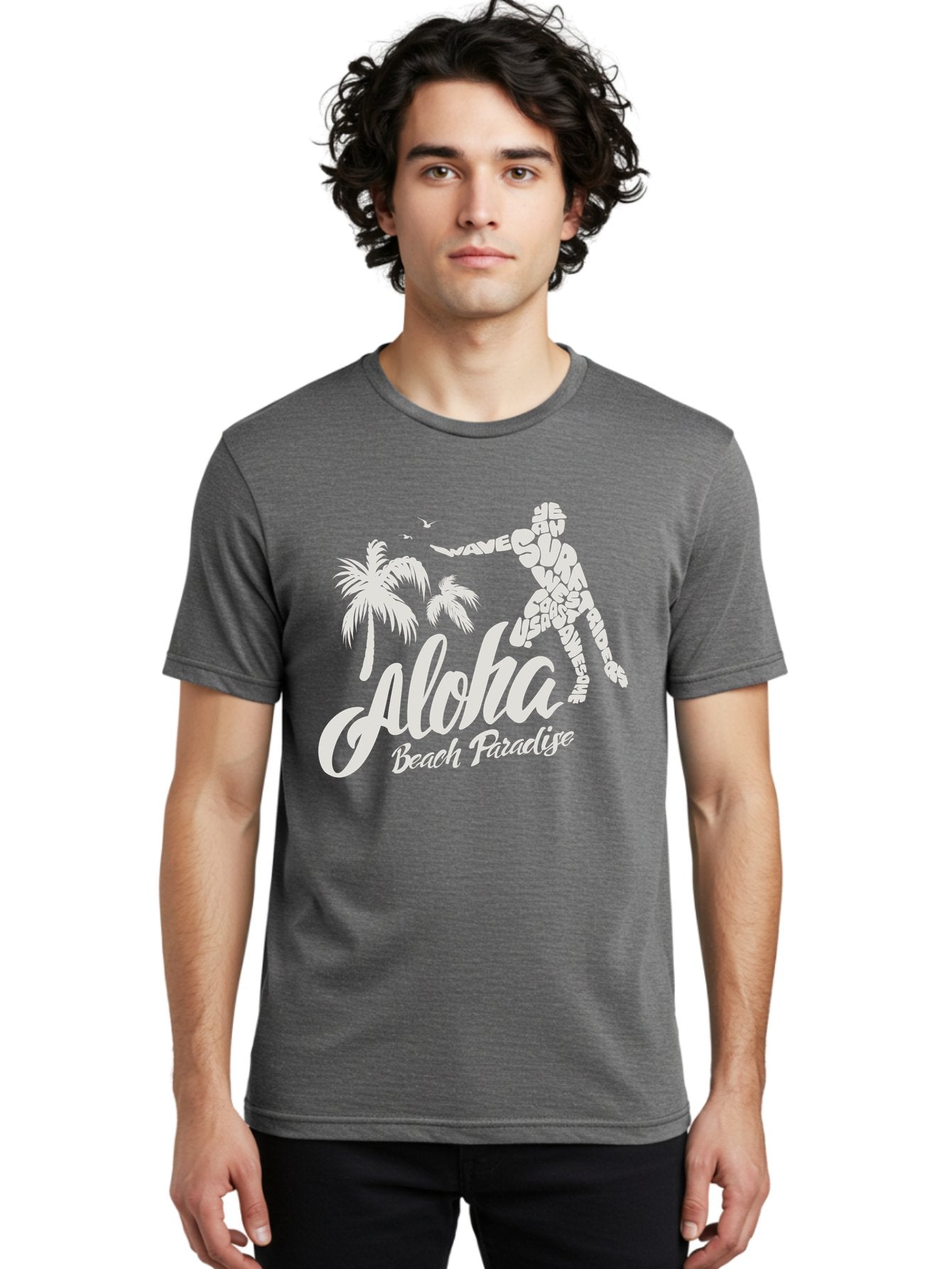 Aloha-Beach-Paradise Men'S Graphic Tee, 100% Cotton, Comfortable Casual Summer Wear, Machine Washable, Surfer Silhouette, Tropical Getaway, Beach Vacation, Surfing Culture, Wave Riding, Aloha Spirit, Island Vibes, Palm Trees, Beach Paradise, Aac368 27