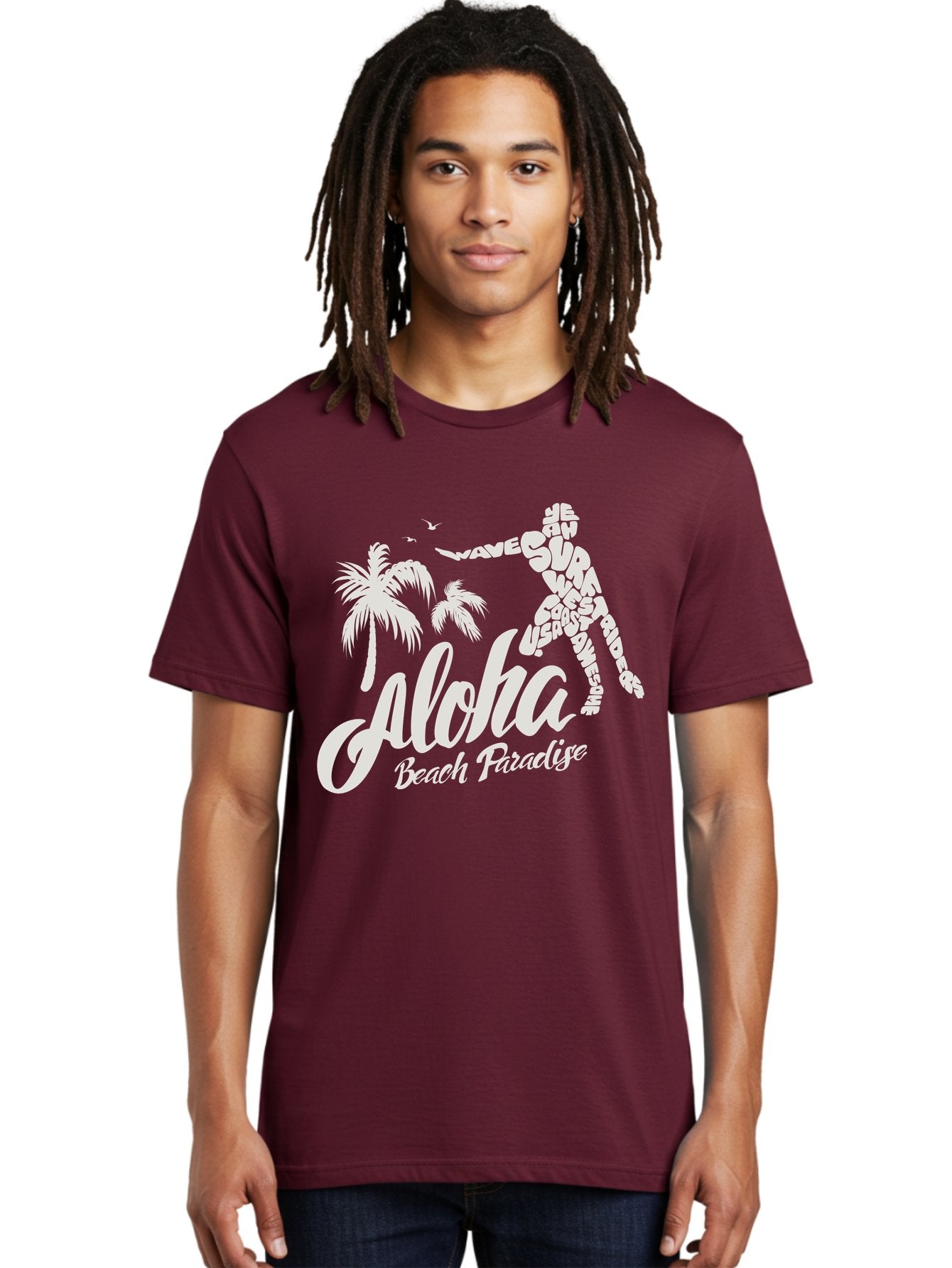 Aloha-Beach-Paradise Men'S Graphic Tee, 100% Cotton, Comfortable Casual Summer Wear, Machine Washable, Surfer Silhouette, Tropical Getaway, Beach Vacation, Surfing Culture, Wave Riding, Aloha Spirit, Island Vibes, Palm Trees, Beach Paradise, Aac368 23