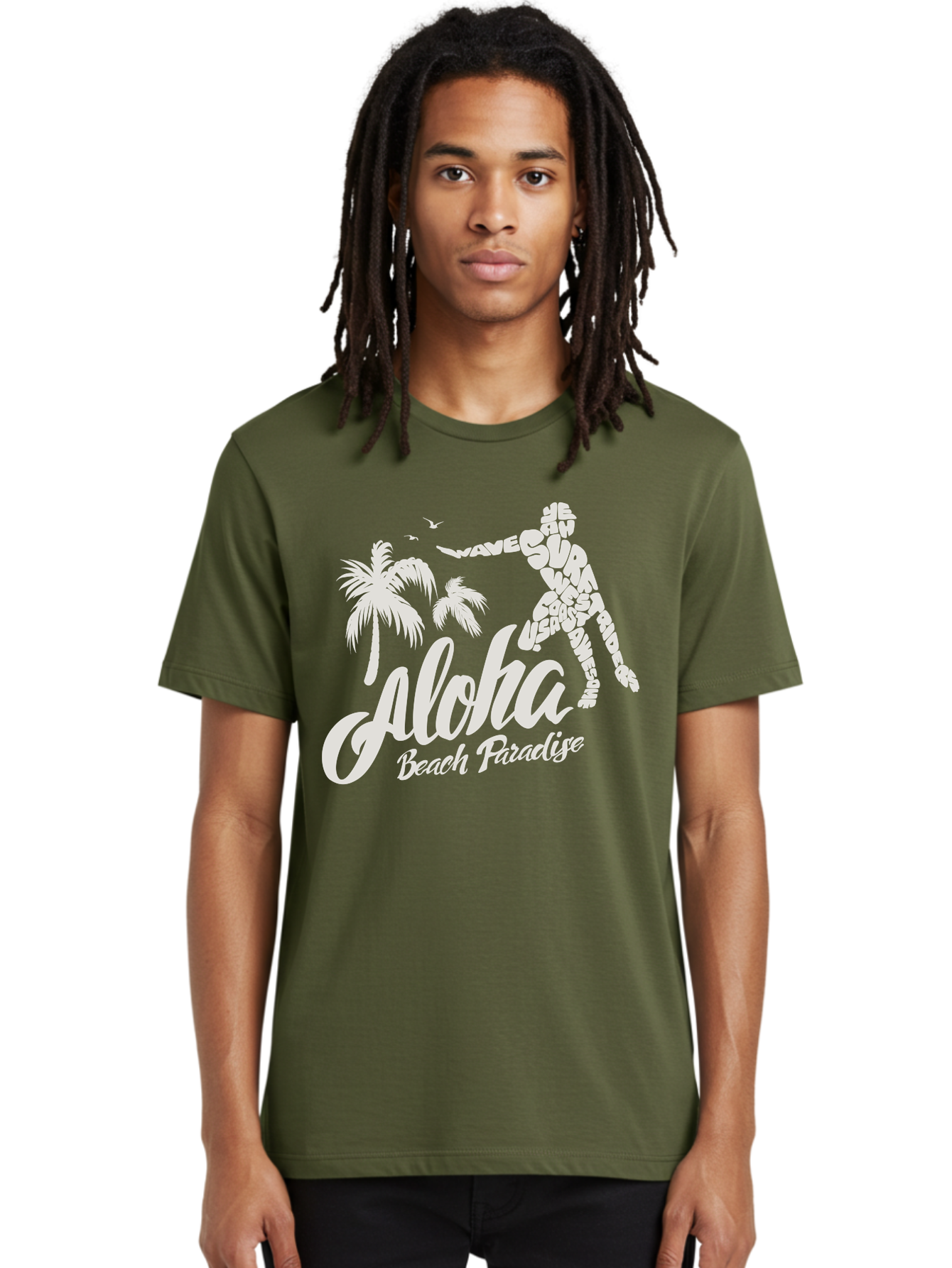 Aloha-Beach-Paradise Men'S Graphic Tee, 100% Cotton, Comfortable Casual Summer Wear, Machine Washable, Surfer Silhouette, Tropical Getaway, Beach Vacation, Surfing Culture, Wave Riding, Aloha Spirit, Island Vibes, Palm Trees, Beach Paradise, Aac368