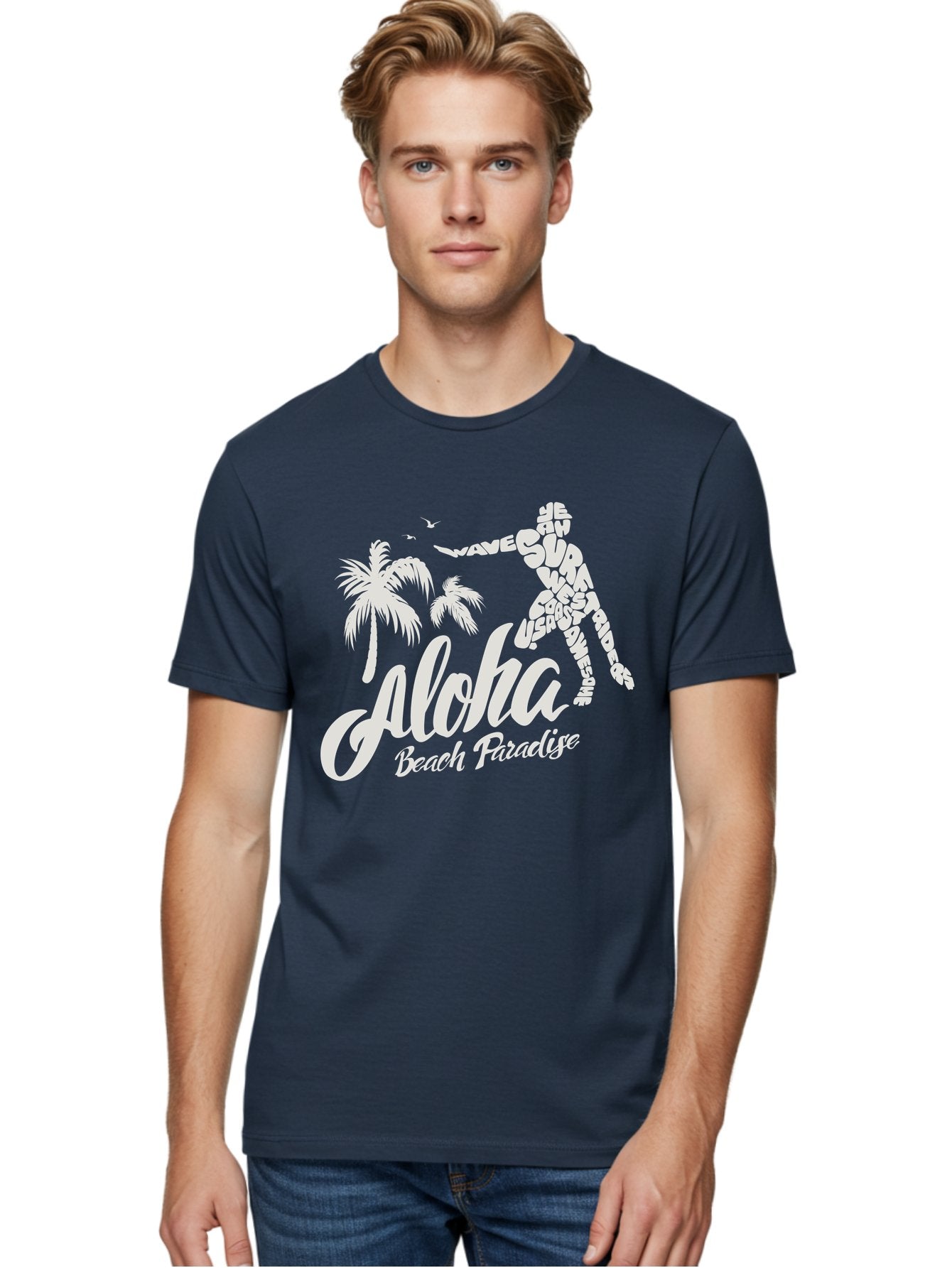 Aloha-Beach-Paradise Men'S Graphic Tee, 100% Cotton, Comfortable Casual Summer Wear, Machine Washable, Surfer Silhouette, Tropical Getaway, Beach Vacation, Surfing Culture, Wave Riding, Aloha Spirit, Island Vibes, Palm Trees, Beach Paradise, Aac368 17