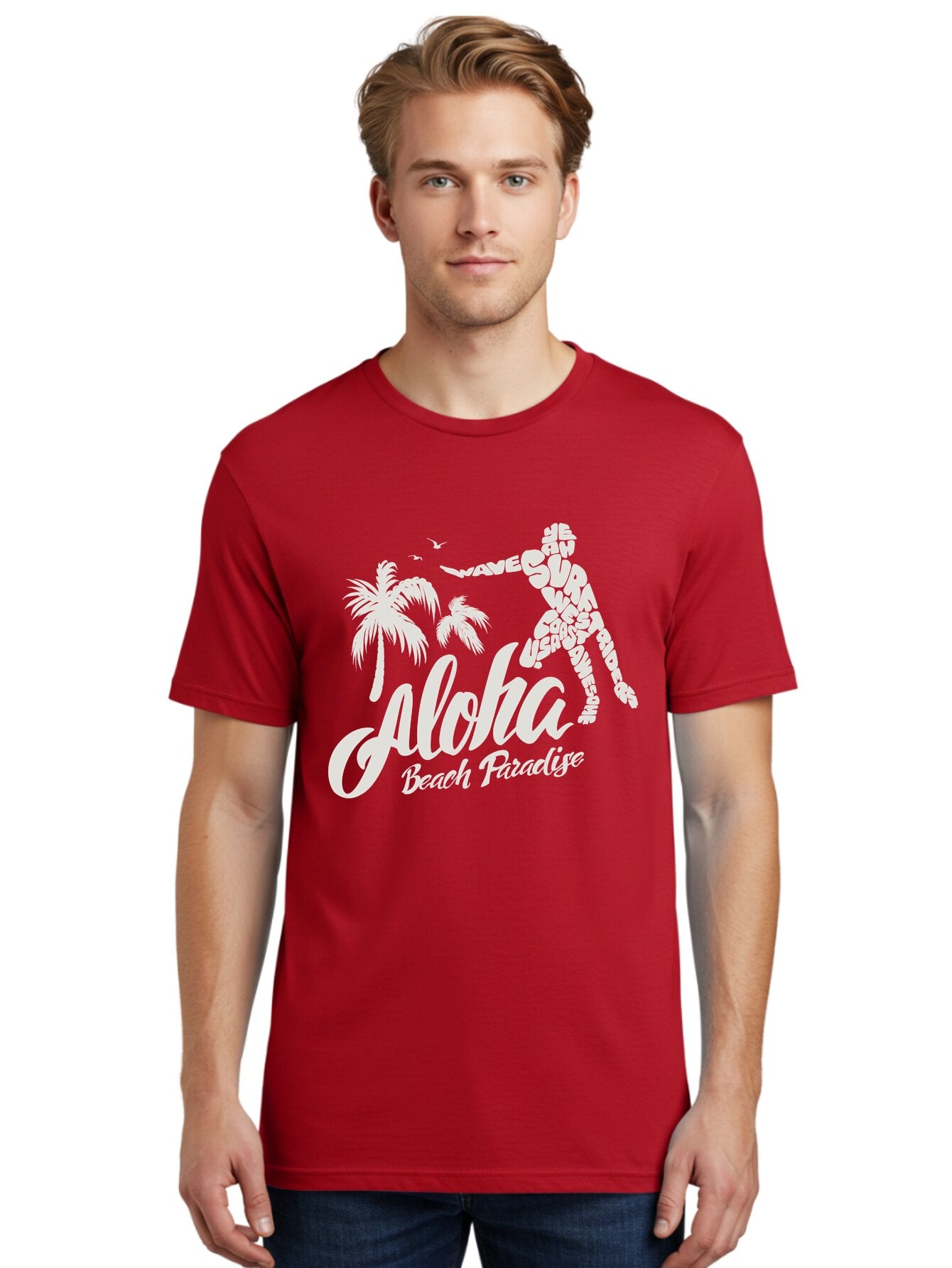 Aloha-Beach-Paradise Men'S Graphic Tee, 100% Cotton, Comfortable Casual Summer Wear, Machine Washable, Surfer Silhouette, Tropical Getaway, Beach Vacation, Surfing Culture, Wave Riding, Aloha Spirit, Island Vibes, Palm Trees, Beach Paradise, Aac368 21