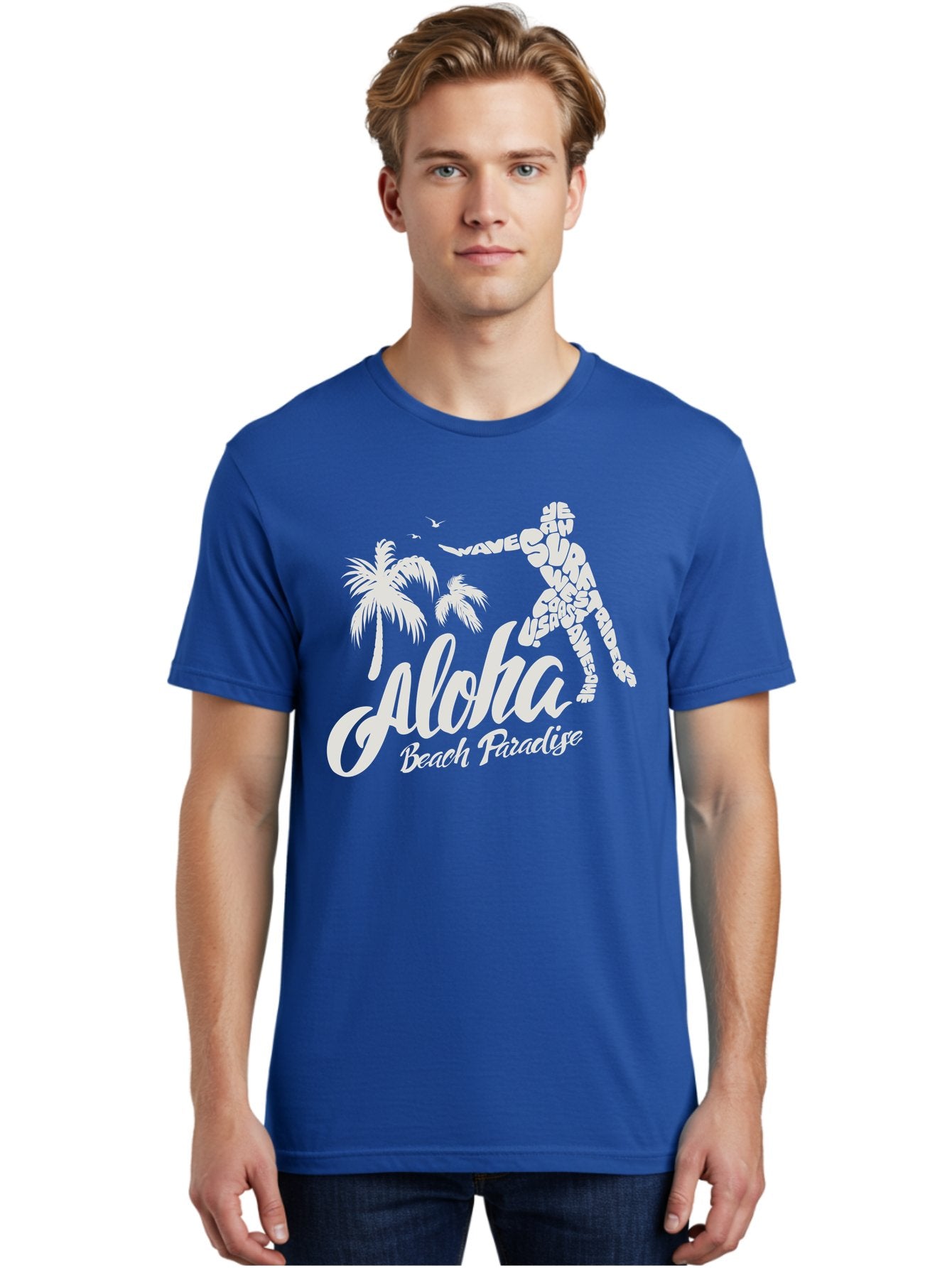 Aloha-Beach-Paradise Men'S Graphic Tee, 100% Cotton, Comfortable Casual Summer Wear, Machine Washable, Surfer Silhouette, Tropical Getaway, Beach Vacation, Surfing Culture, Wave Riding, Aloha Spirit, Island Vibes, Palm Trees, Beach Paradise, Aac368 20