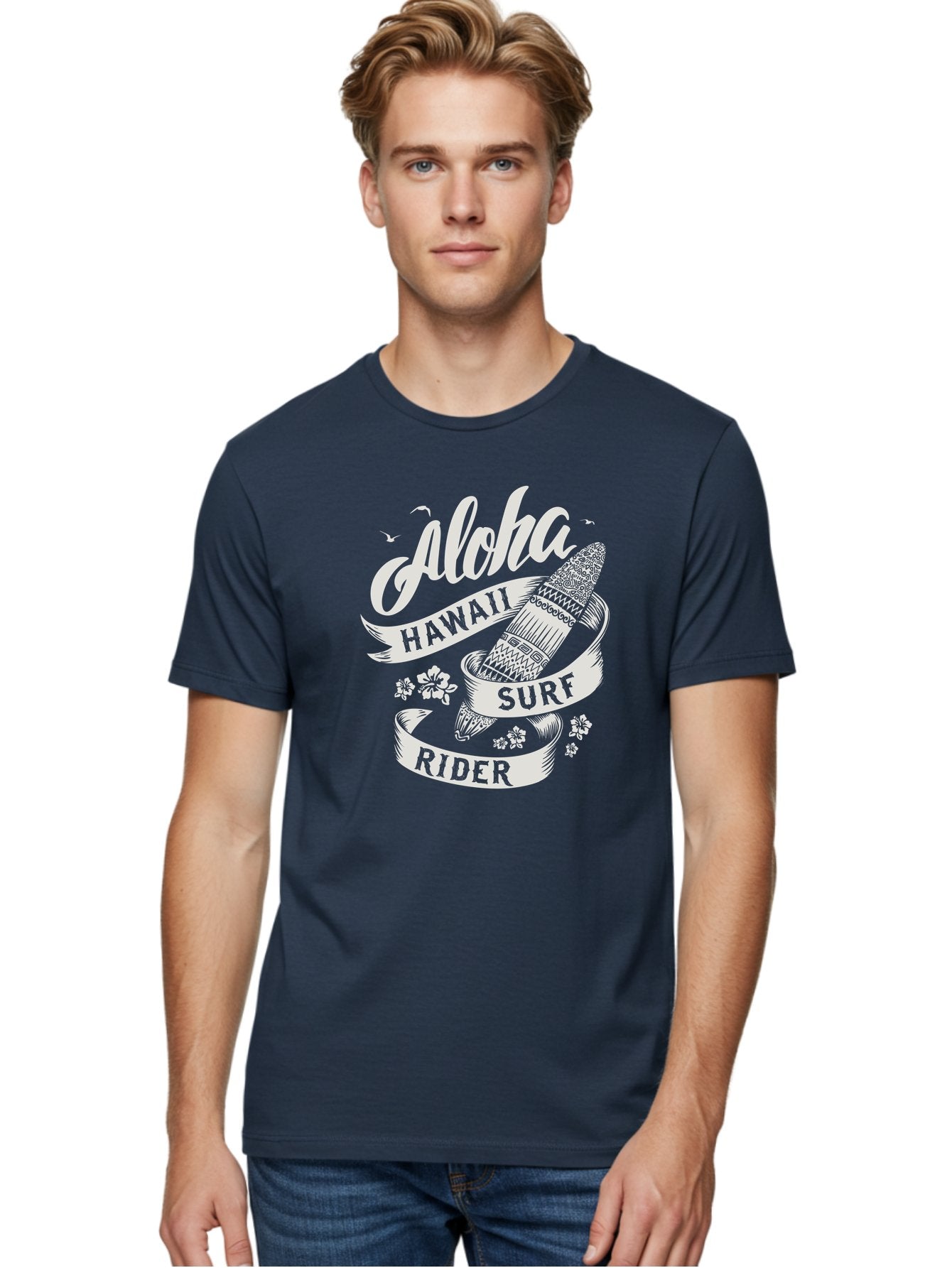 Aloha-Hawaii-Surf-Rider Men'S Graphic Tee, 100% Cotton, Comfortable Casual Summer Wear, Machine Washable, Surfboard Graphic, Hawaii Surf Culture, Aloha Spirit, Surfer Lifestyle, Tropical Vibes, Beachy Keiki, Surfing Adventure, Aac369 29