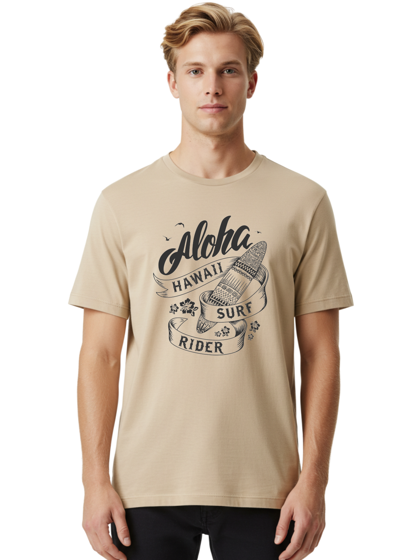Aloha-Surf-Rider Men'S Graphic Tee, 100% Cotton, Comfortable Casual Summer Wear, Machine Washable, Hawaii Surf Rider, Surfboard, Tropical Vibes, Hawaii Vacation, Surfing Culture, Hawaii Tourism, Tropical Flowers, Aloha Spirit, Beach Lifestyle, Aac370 30