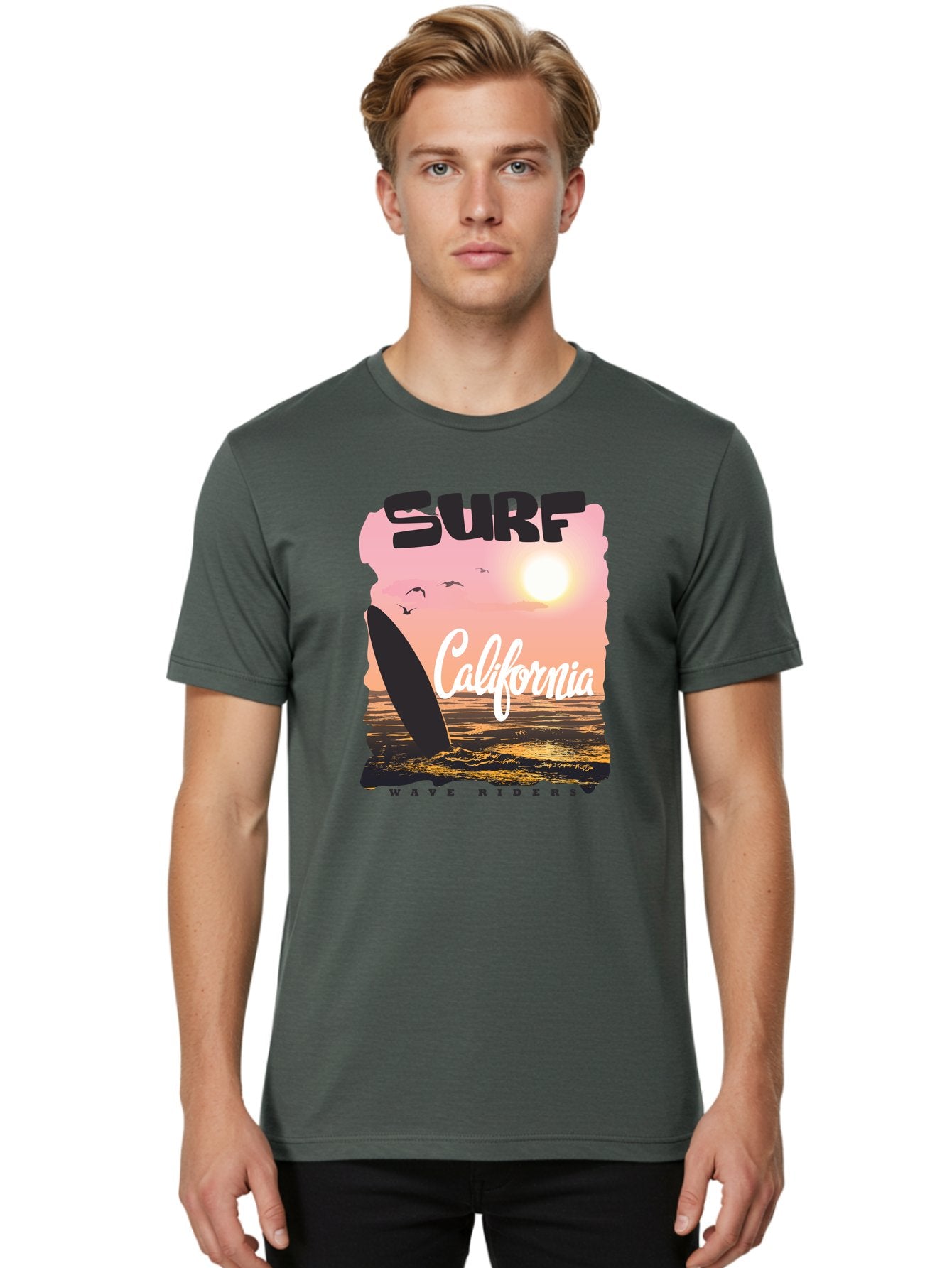 Surf-California Men'S Graphic Tee, 100% Cotton, Comfortable Casual Summer Wear, Machine Washable, Surfing In California, Wave Riders, Beach Life, Surfers Paradise, Coastal Scenery, Sunset Over The Ocean, Seagulls Flying, Aac372 27