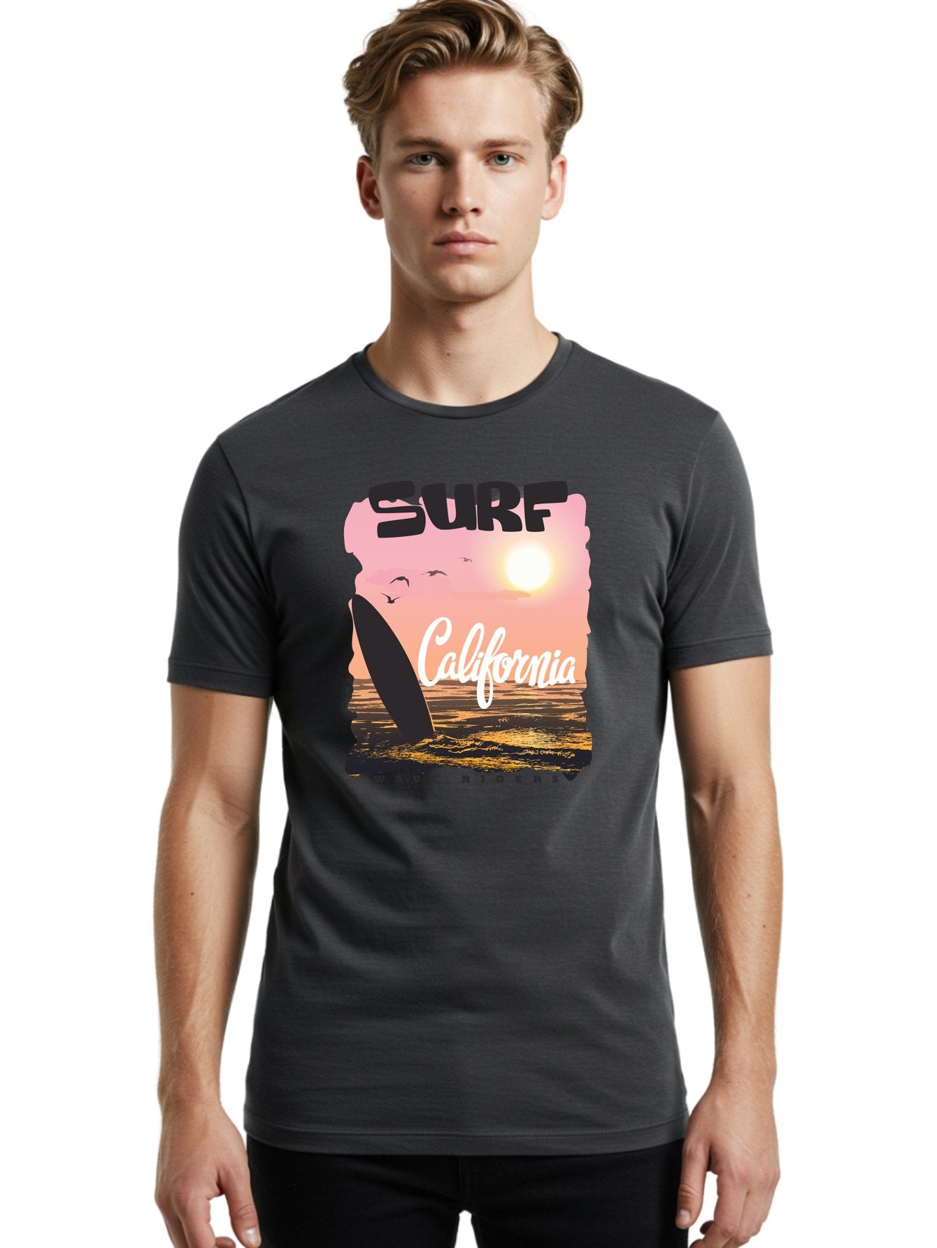 Surf-California Men'S Graphic Tee, 100% Cotton, Comfortable Casual Summer Wear, Machine Washable, Surfing In California, Wave Riders, Beach Life, Surfers Paradise, Coastal Scenery, Sunset Over The Ocean, Seagulls Flying, Aac372 19