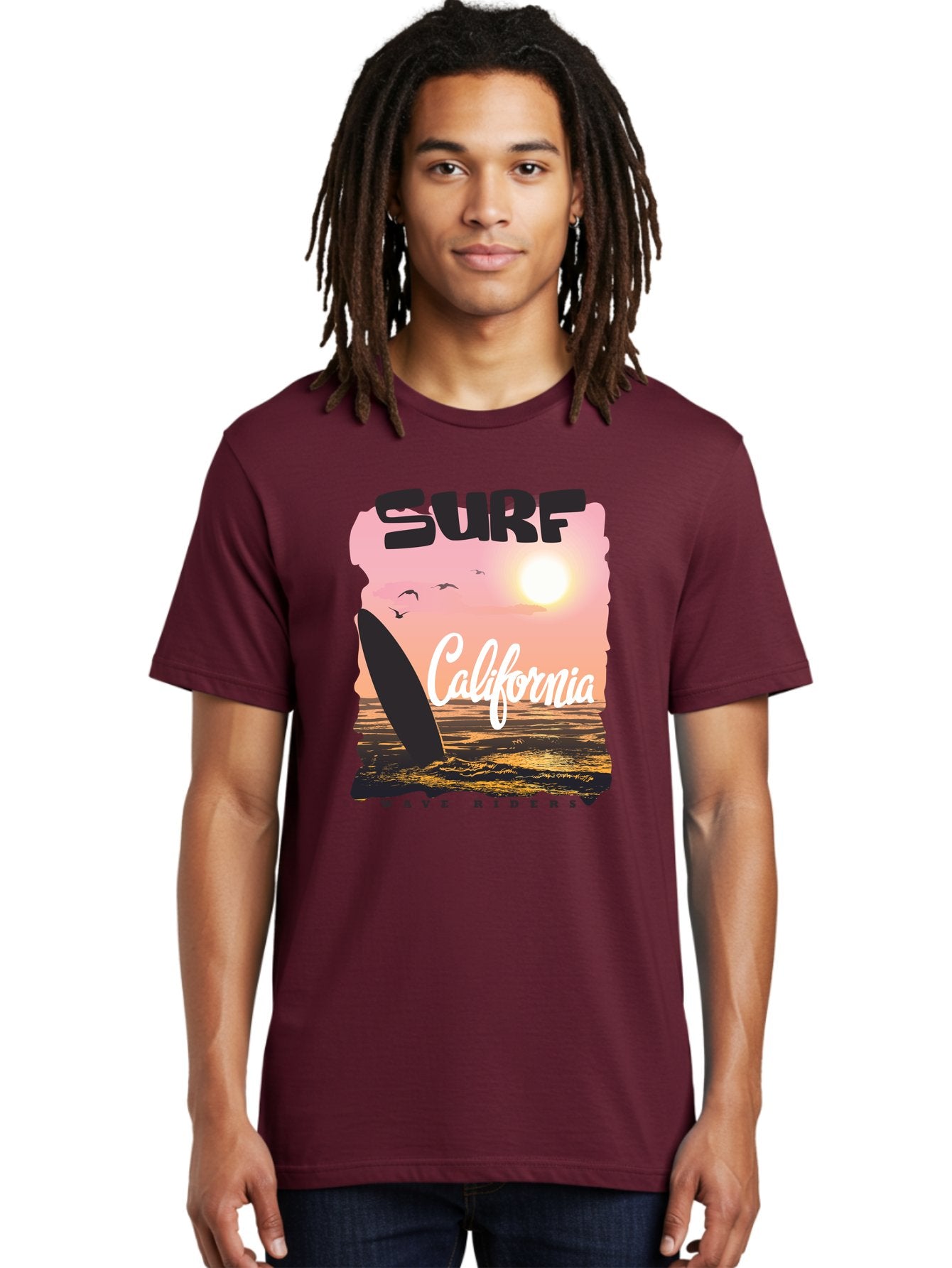 Surf-California Men'S Graphic Tee, 100% Cotton, Comfortable Casual Summer Wear, Machine Washable, Surfing In California, Wave Riders, Beach Life, Surfers Paradise, Coastal Scenery, Sunset Over The Ocean, Seagulls Flying, Aac372 18