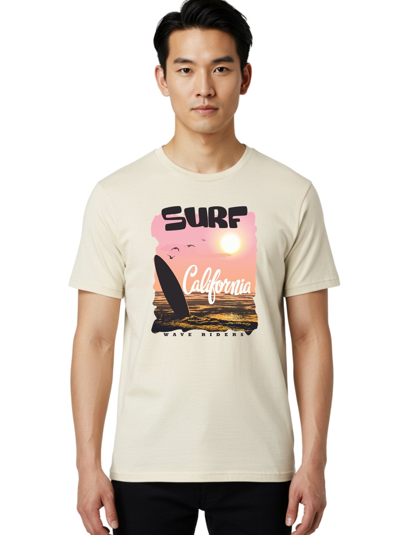 Surf-California Men'S Graphic Tee, 100% Cotton, Comfortable Casual Summer Wear, Machine Washable, Surfing In California, Wave Riders, Beach Life, Surfers Paradise, Coastal Scenery, Sunset Over The Ocean, Seagulls Flying, Aac372 28