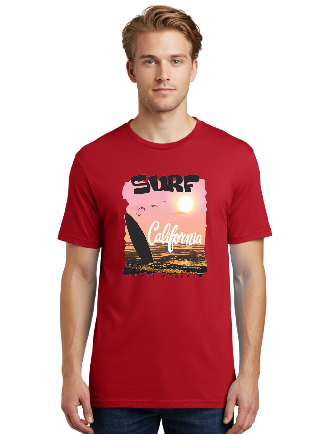 Surf-California Men'S Graphic Tee, 100% Cotton, Comfortable Casual Summer Wear, Machine Washable, Surfing In California, Wave Riders, Beach Life, Surfers Paradise, Coastal Scenery, Sunset Over The Ocean, Seagulls Flying, Aac372 30