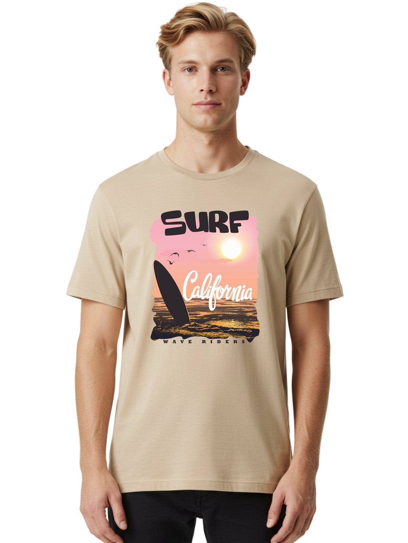 Surf-California Men'S Graphic Tee, 100% Cotton, Comfortable Casual Summer Wear, Machine Washable, Surfing In California, Wave Riders, Beach Life, Surfers Paradise, Coastal Scenery, Sunset Over The Ocean, Seagulls Flying, Aac372 25