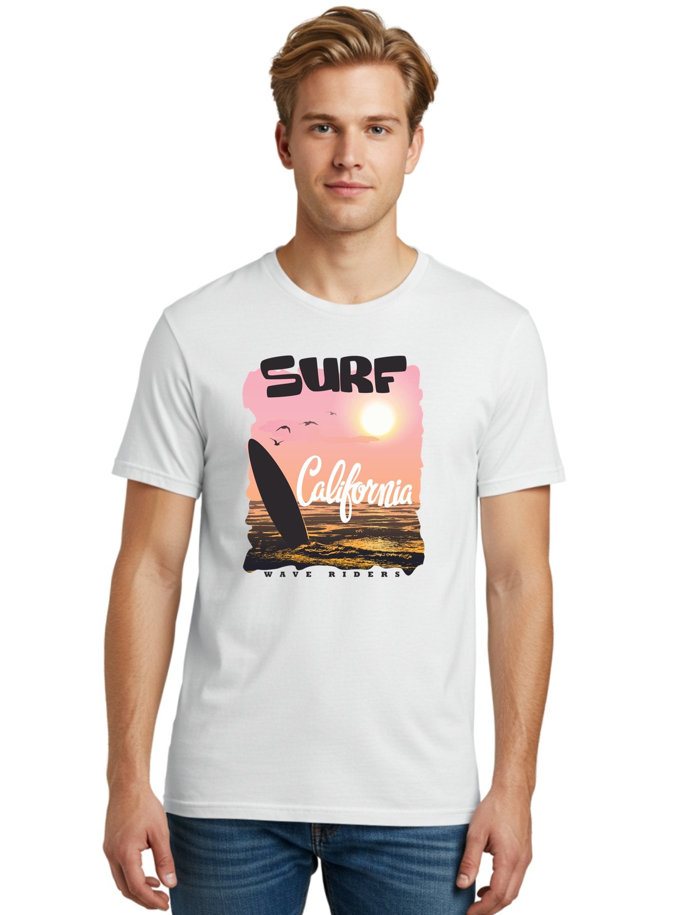 Surf-California Men'S Graphic Tee, 100% Cotton, Comfortable Casual Summer Wear, Machine Washable, Surfing In California, Wave Riders, Beach Life, Surfers Paradise, Coastal Scenery, Sunset Over The Ocean, Seagulls Flying, Aac372 17