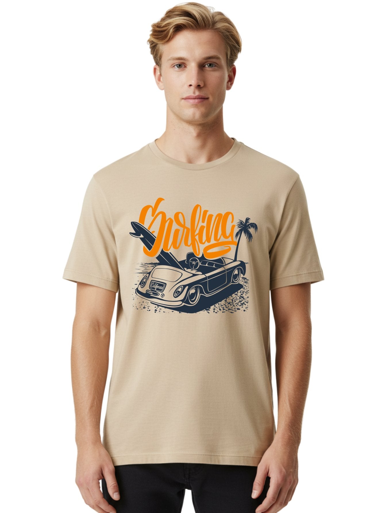 Surfing Men'S Graphic Tee, 100% Cotton, Comfortable Casual Summer Wear, Machine Washable, Vintage Convertible Car, Surfing Culture, Beach Lifestyle, Retro Style, Surfboard On Car, Palm Tree, Summer Fun, Surf Vibes, Classic Automobile Aac373 22