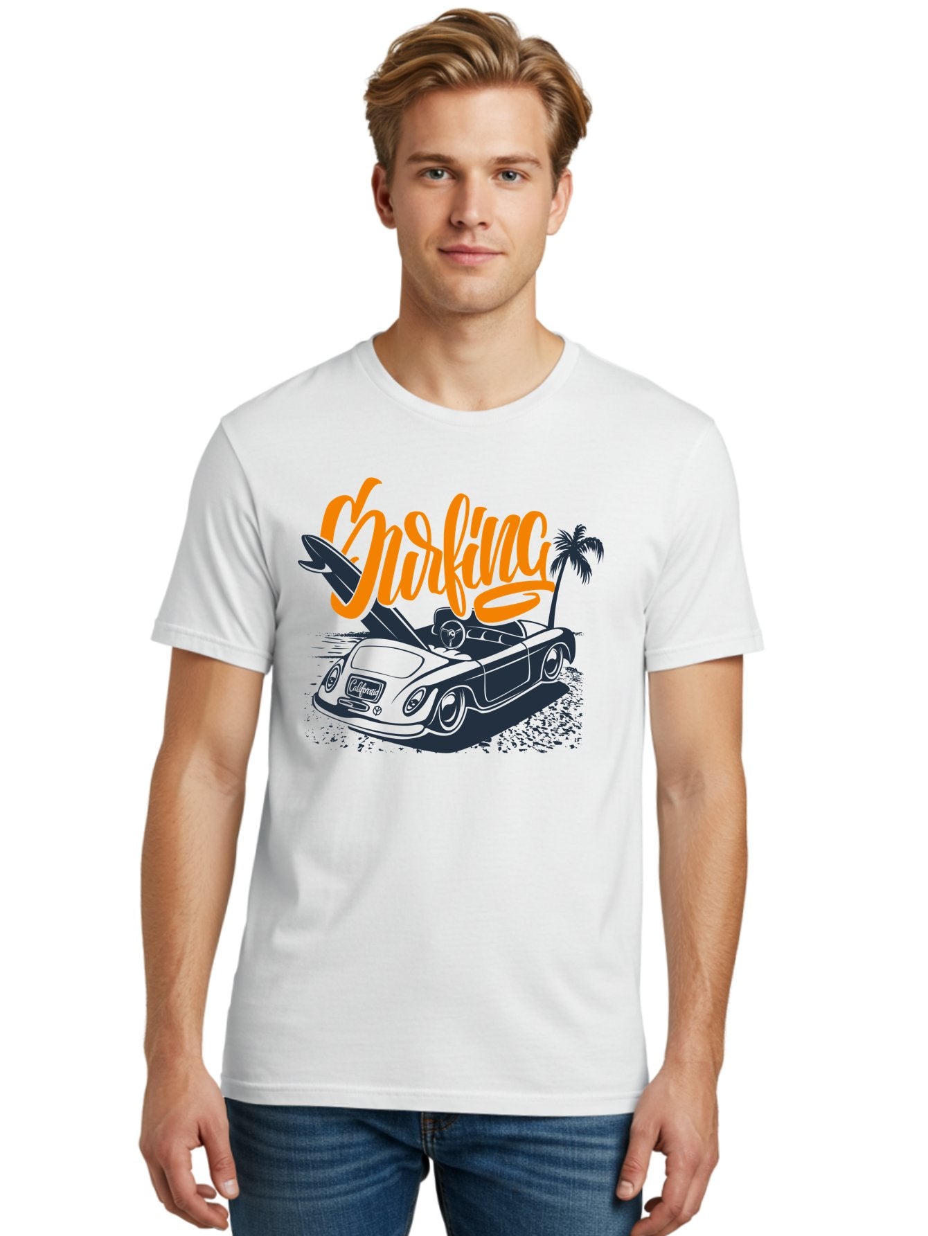 Surfing Men'S Graphic Tee, 100% Cotton, Comfortable Casual Summer Wear, Machine Washable, Vintage Convertible Car, Surfing Culture, Beach Lifestyle, Retro Style, Surfboard On Car, Palm Tree, Summer Fun, Surf Vibes, Classic Automobile Aac373 24