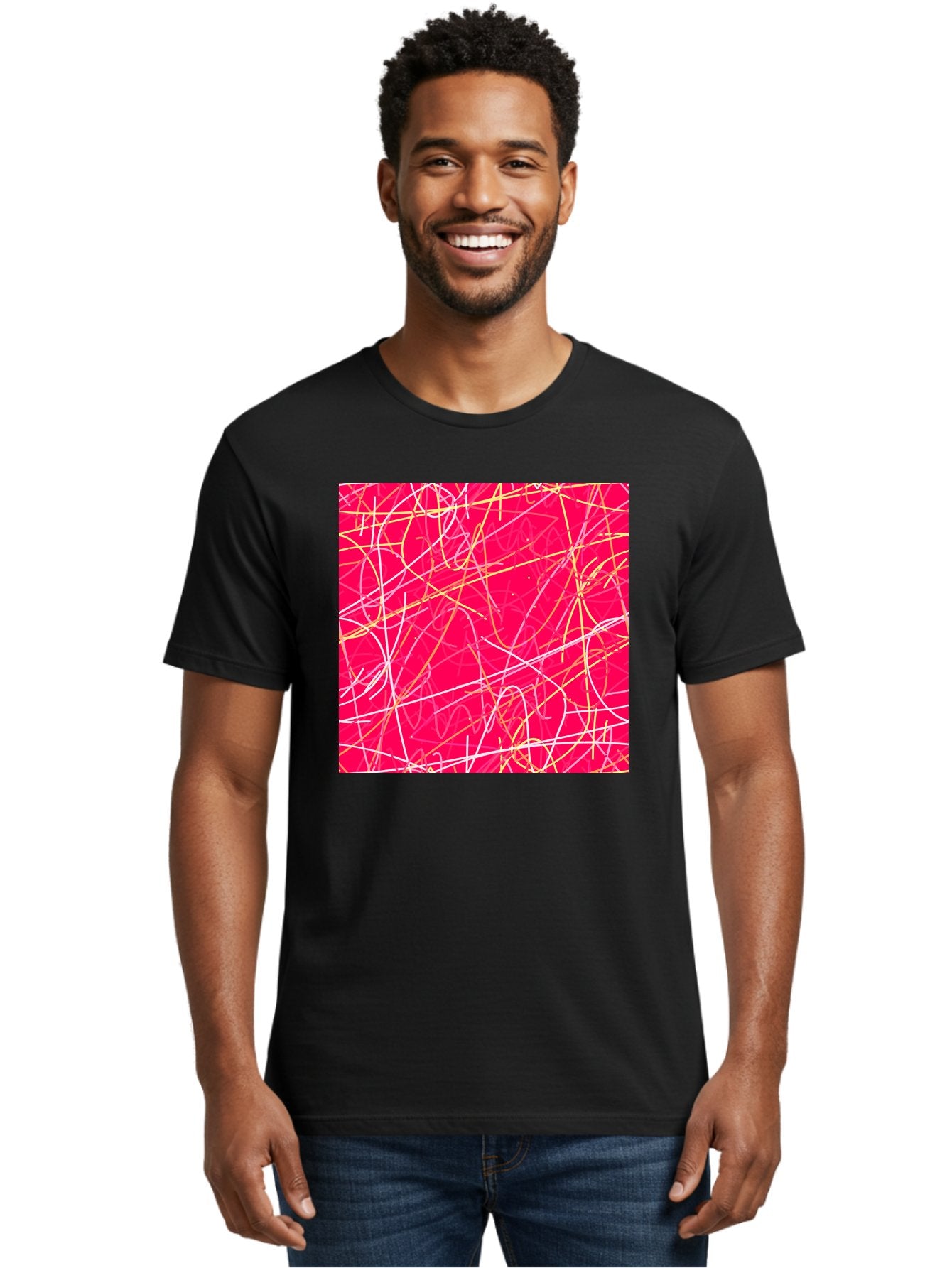 Abstract-Lines Men'S Graphic Tee, 100% Cotton, Comfortable Casual Summer Wear, Machine Washable, Abstract Art, Vibrant Pink Background, Swirling Lines, Dynamic Movement, Modern Design, Artistic Expression, Creative Wallpaper, Digital Art, Aac374 16