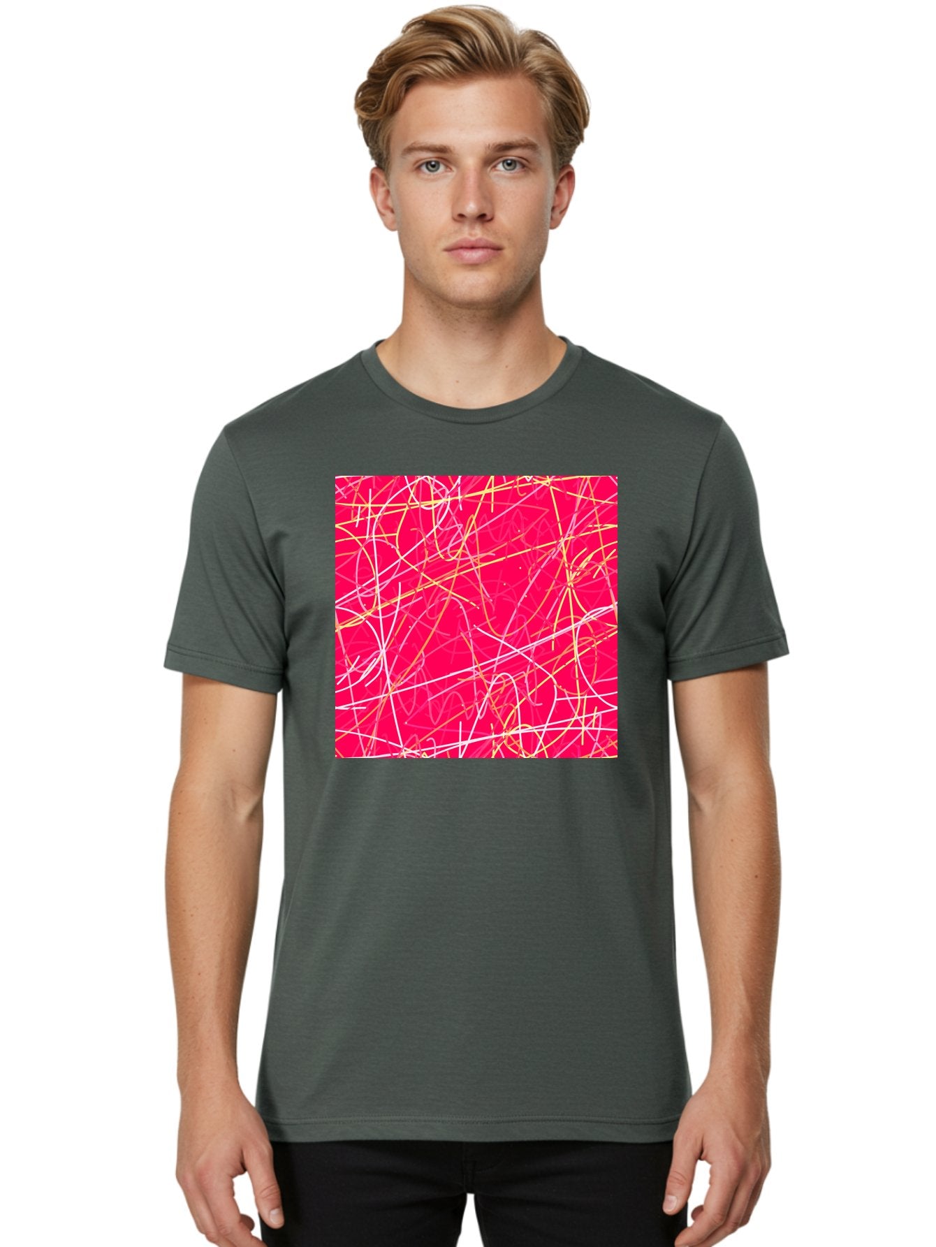 Abstract-Lines Men'S Graphic Tee, 100% Cotton, Comfortable Casual Summer Wear, Machine Washable, Abstract Art, Vibrant Pink Background, Swirling Lines, Dynamic Movement, Modern Design, Artistic Expression, Creative Wallpaper, Digital Art, Aac374 23