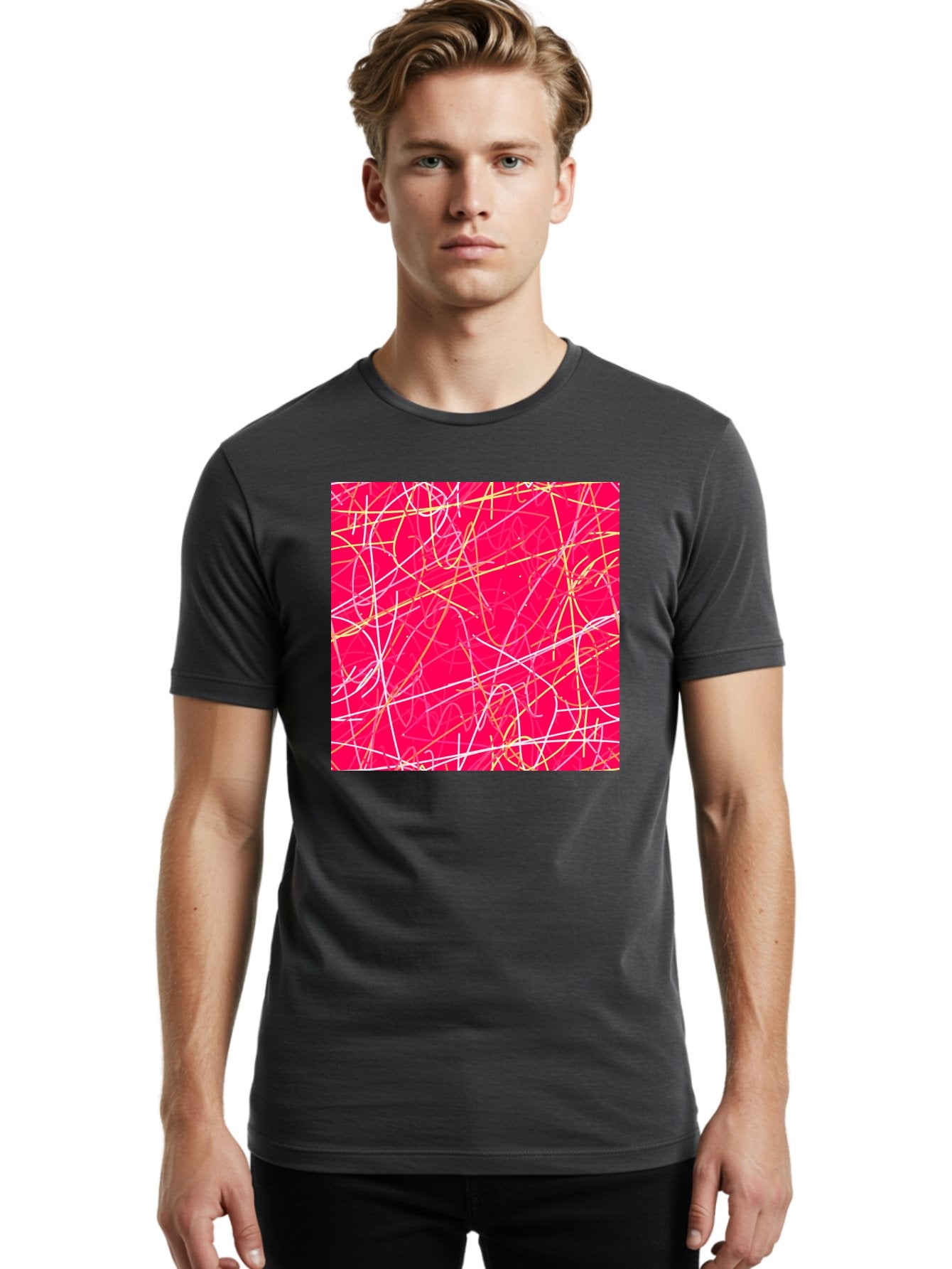 Abstract-Lines Men'S Graphic Tee, 100% Cotton, Comfortable Casual Summer Wear, Machine Washable, Abstract Art, Vibrant Pink Background, Swirling Lines, Dynamic Movement, Modern Design, Artistic Expression, Creative Wallpaper, Digital Art, Aac374 28