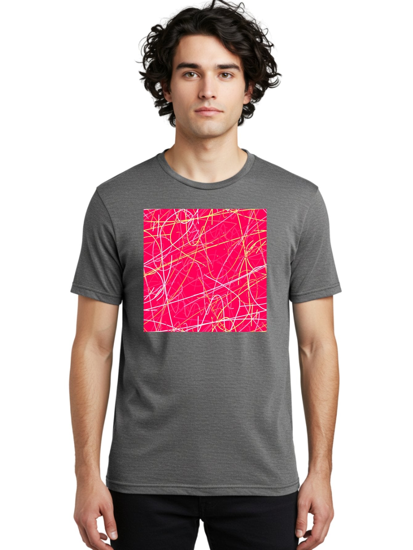 Abstract-Lines Men'S Graphic Tee, 100% Cotton, Comfortable Casual Summer Wear, Machine Washable, Abstract Art, Vibrant Pink Background, Swirling Lines, Dynamic Movement, Modern Design, Artistic Expression, Creative Wallpaper, Digital Art, Aac374 17