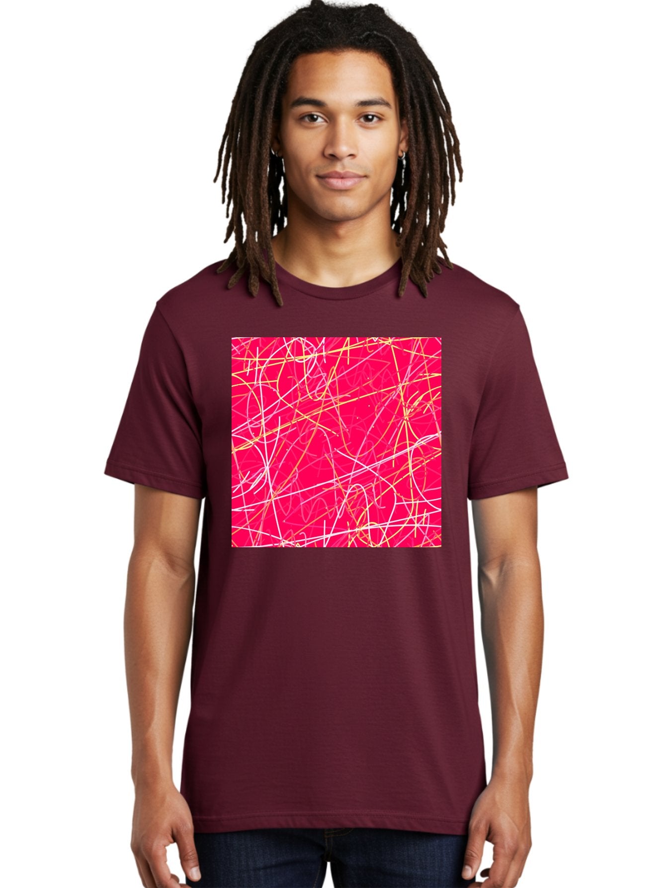 Abstract-Lines Men'S Graphic Tee, 100% Cotton, Comfortable Casual Summer Wear, Machine Washable, Abstract Art, Vibrant Pink Background, Swirling Lines, Dynamic Movement, Modern Design, Artistic Expression, Creative Wallpaper, Digital Art, Aac374 27
