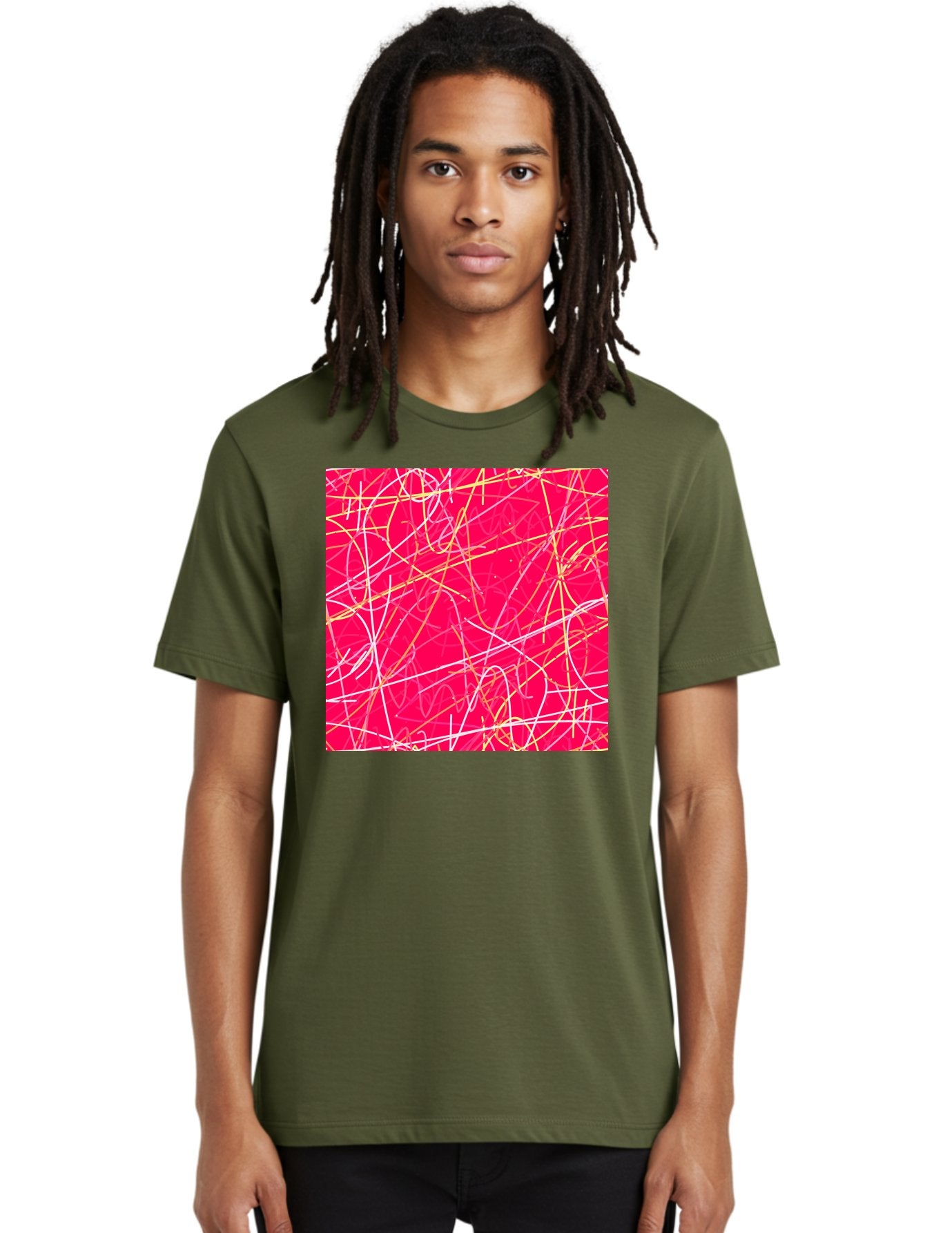 Abstract-Lines Men'S Graphic Tee, 100% Cotton, Comfortable Casual Summer Wear, Machine Washable, Abstract Art, Vibrant Pink Background, Swirling Lines, Dynamic Movement, Modern Design, Artistic Expression, Creative Wallpaper, Digital Art, Aac374 29