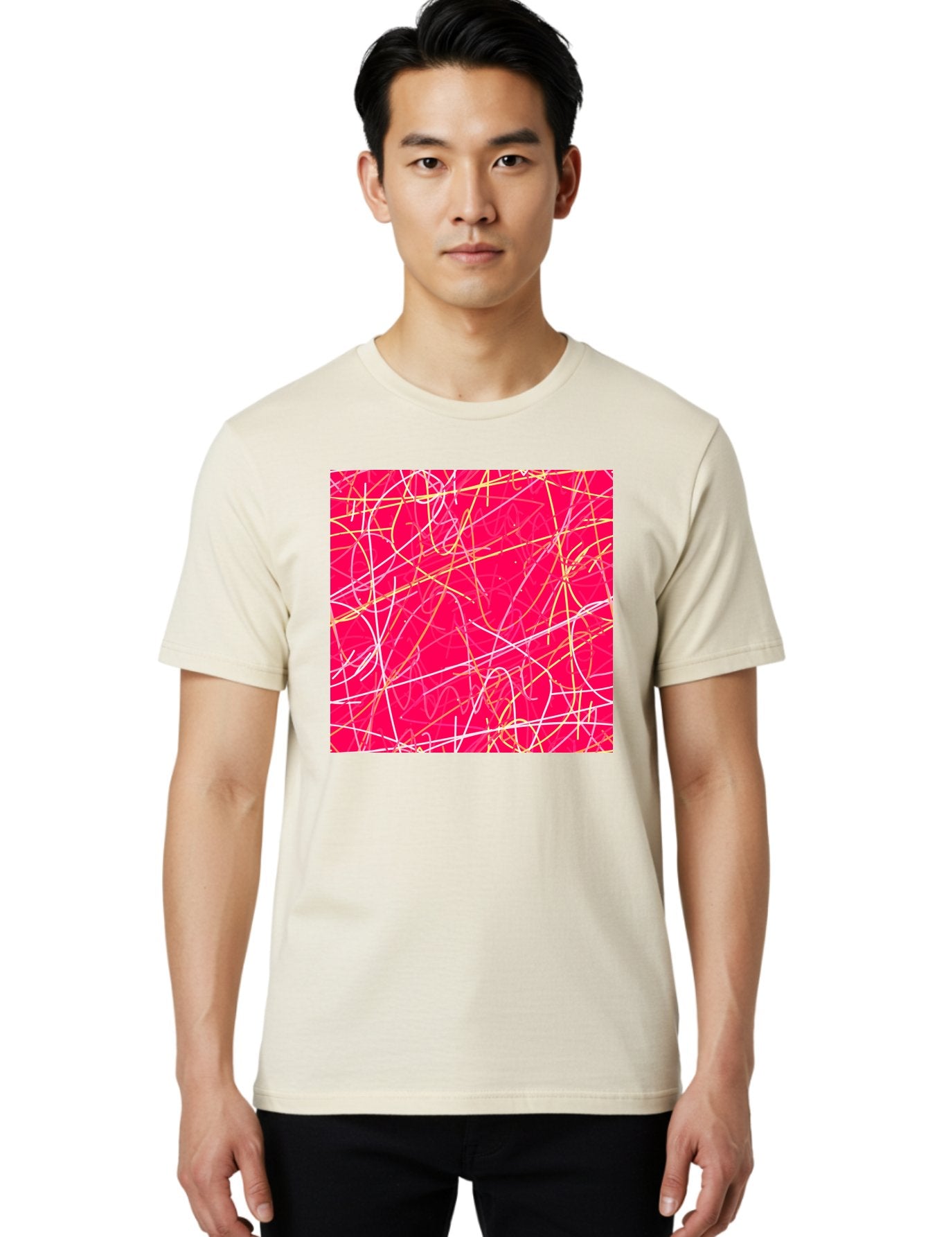 Abstract-Lines Men'S Graphic Tee, 100% Cotton, Comfortable Casual Summer Wear, Machine Washable, Abstract Art, Vibrant Pink Background, Swirling Lines, Dynamic Movement, Modern Design, Artistic Expression, Creative Wallpaper, Digital Art, Aac374 20