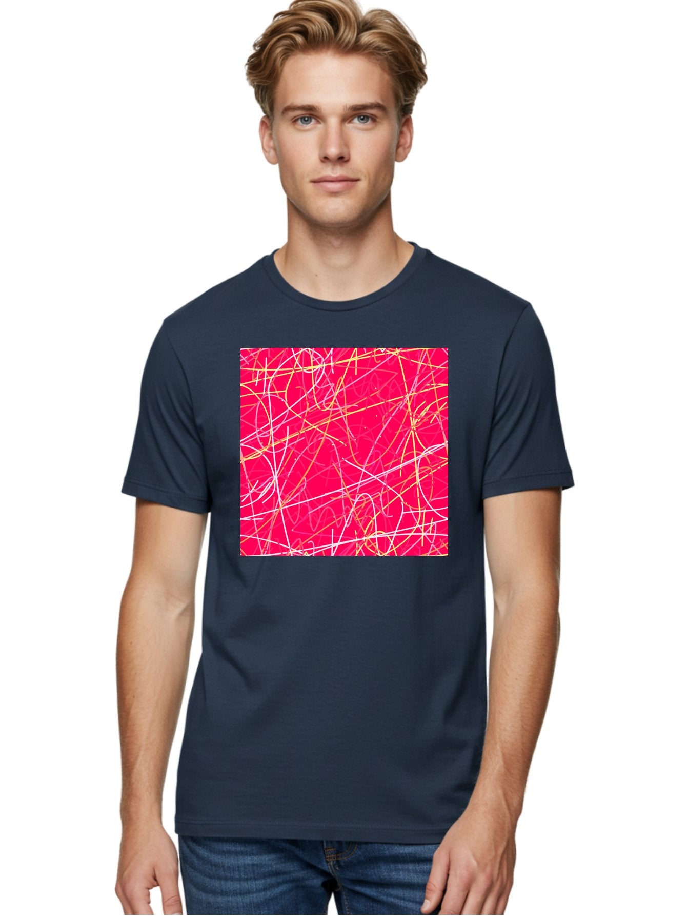 Abstract-Lines Men'S Graphic Tee, 100% Cotton, Comfortable Casual Summer Wear, Machine Washable, Abstract Art, Vibrant Pink Background, Swirling Lines, Dynamic Movement, Modern Design, Artistic Expression, Creative Wallpaper, Digital Art, Aac374 19