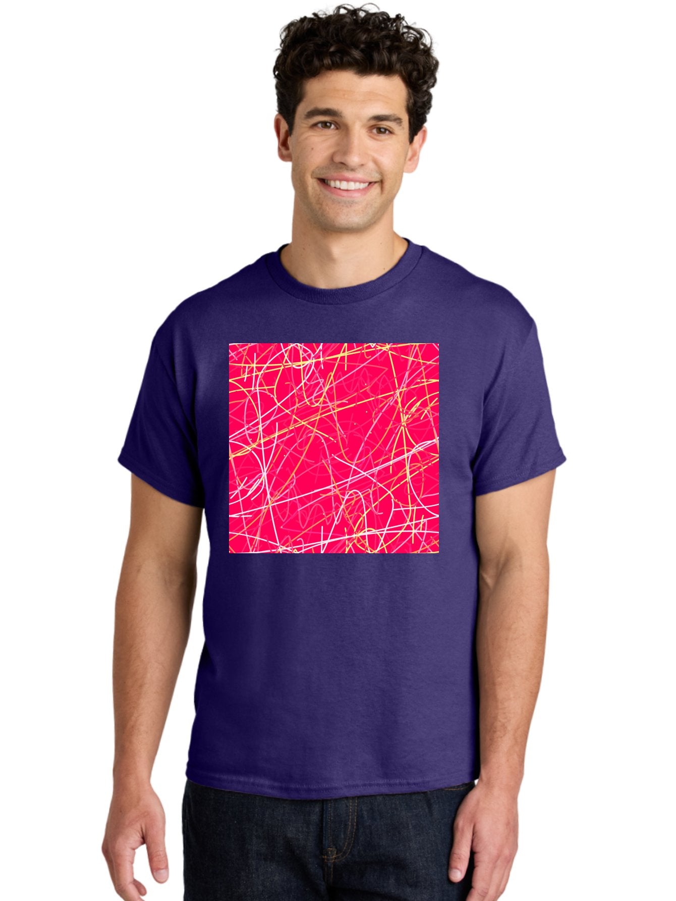 Abstract-Lines Men'S Graphic Tee, 100% Cotton, Comfortable Casual Summer Wear, Machine Washable, Abstract Art, Vibrant Pink Background, Swirling Lines, Dynamic Movement, Modern Design, Artistic Expression, Creative Wallpaper, Digital Art, Aac374 18