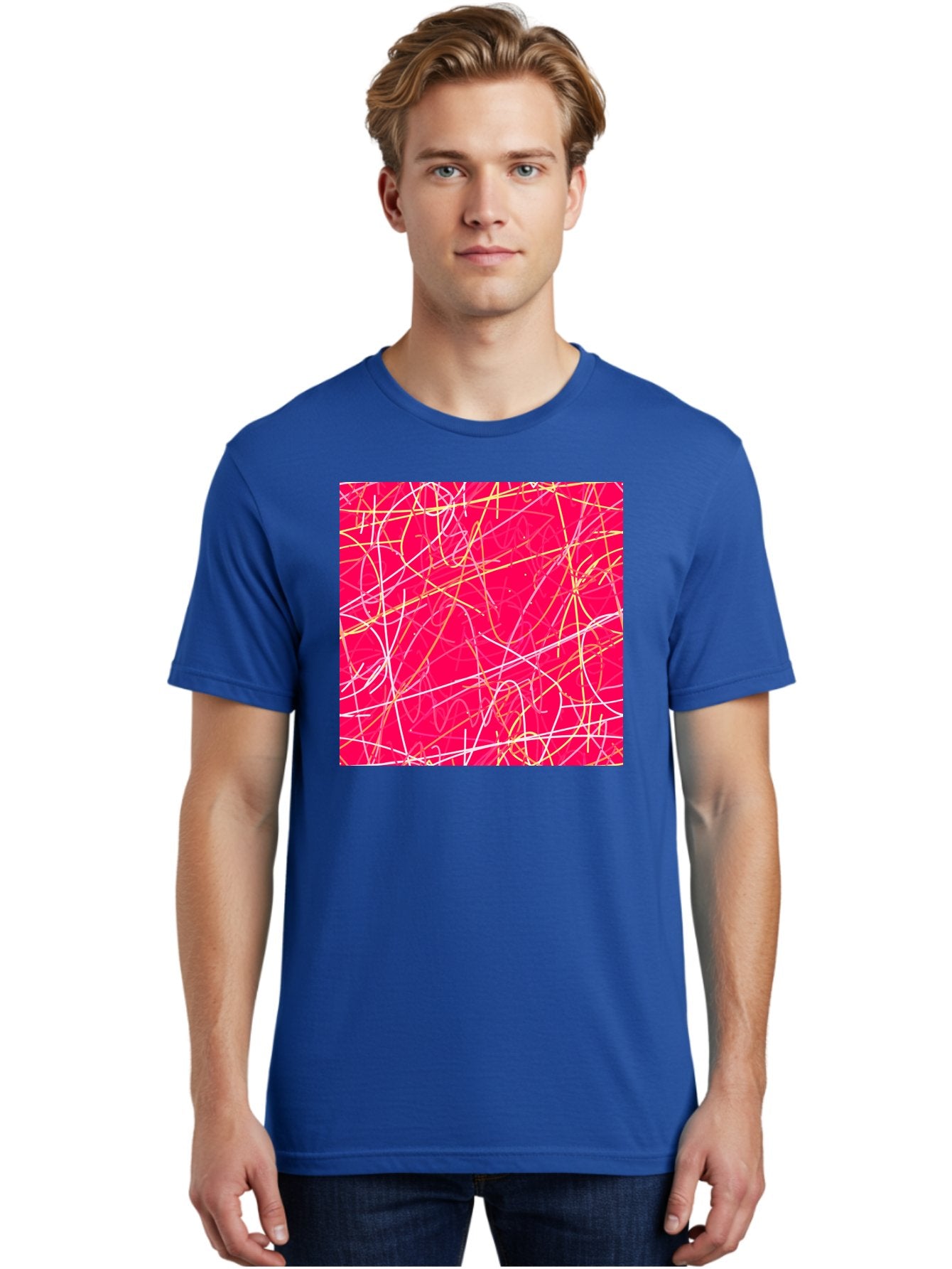 Abstract-Lines Men'S Graphic Tee, 100% Cotton, Comfortable Casual Summer Wear, Machine Washable, Abstract Art, Vibrant Pink Background, Swirling Lines, Dynamic Movement, Modern Design, Artistic Expression, Creative Wallpaper, Digital Art, Aac374 21