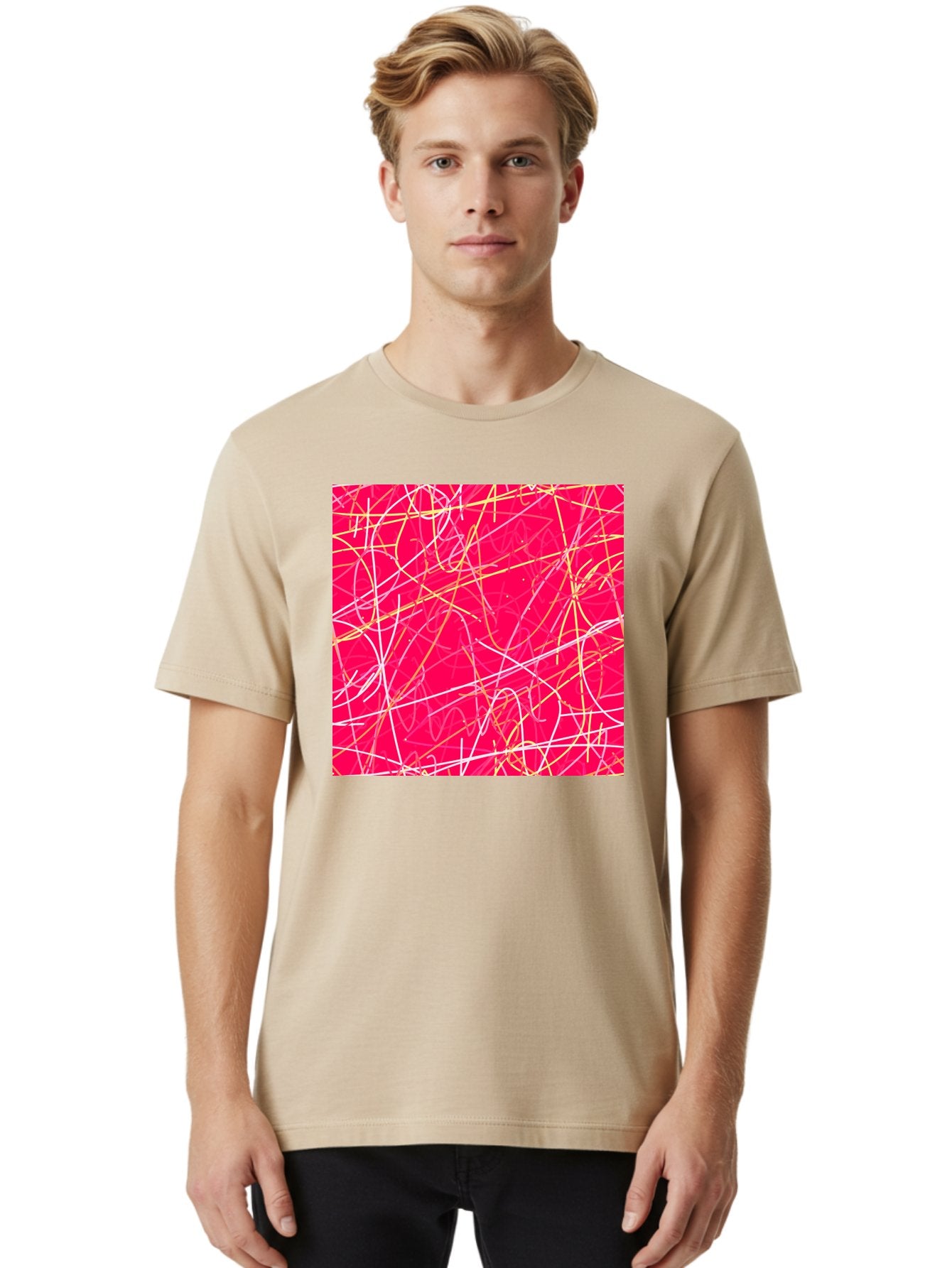 Abstract-Lines Men'S Graphic Tee, 100% Cotton, Comfortable Casual Summer Wear, Machine Washable, Abstract Art, Vibrant Pink Background, Swirling Lines, Dynamic Movement, Modern Design, Artistic Expression, Creative Wallpaper, Digital Art, Aac374 25