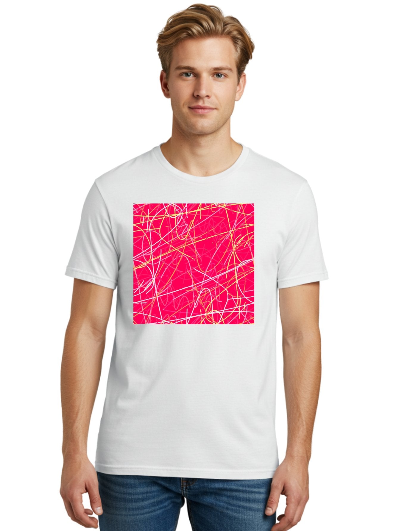 Abstract-Lines Men'S Graphic Tee, 100% Cotton, Comfortable Casual Summer Wear, Machine Washable, Abstract Art, Vibrant Pink Background, Swirling Lines, Dynamic Movement, Modern Design, Artistic Expression, Creative Wallpaper, Digital Art, Aac374 24