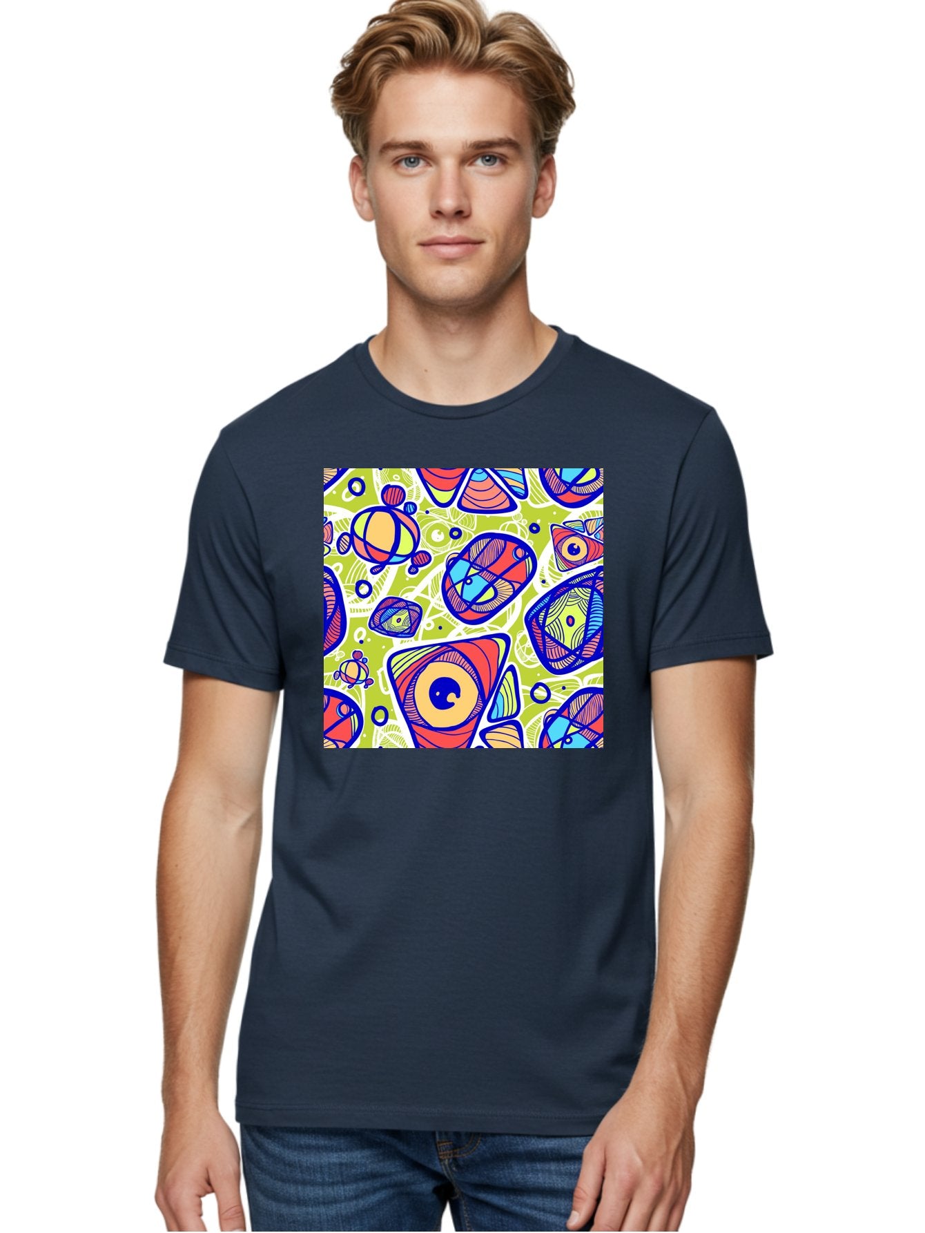 All-Seeing-Eyes Men'S Graphic Tee, 100% Cotton, Comfortable Casual Summer Wear, Machine Washable, Stylized Eyes, Abstract Shapes, Vibrant Colors, Bold Designs, Eye-Catching Patterns, Graphic Art, Tribal Motifs, Fantasy Elements, Aac375 25