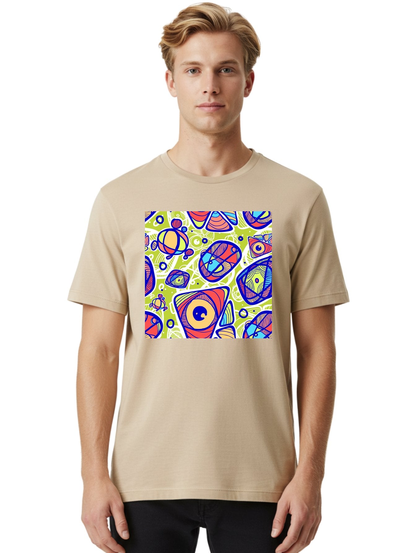 All-Seeing-Eyes Men'S Graphic Tee, 100% Cotton, Comfortable Casual Summer Wear, Machine Washable, Stylized Eyes, Abstract Shapes, Vibrant Colors, Bold Designs, Eye-Catching Patterns, Graphic Art, Tribal Motifs, Fantasy Elements, Aac375 30