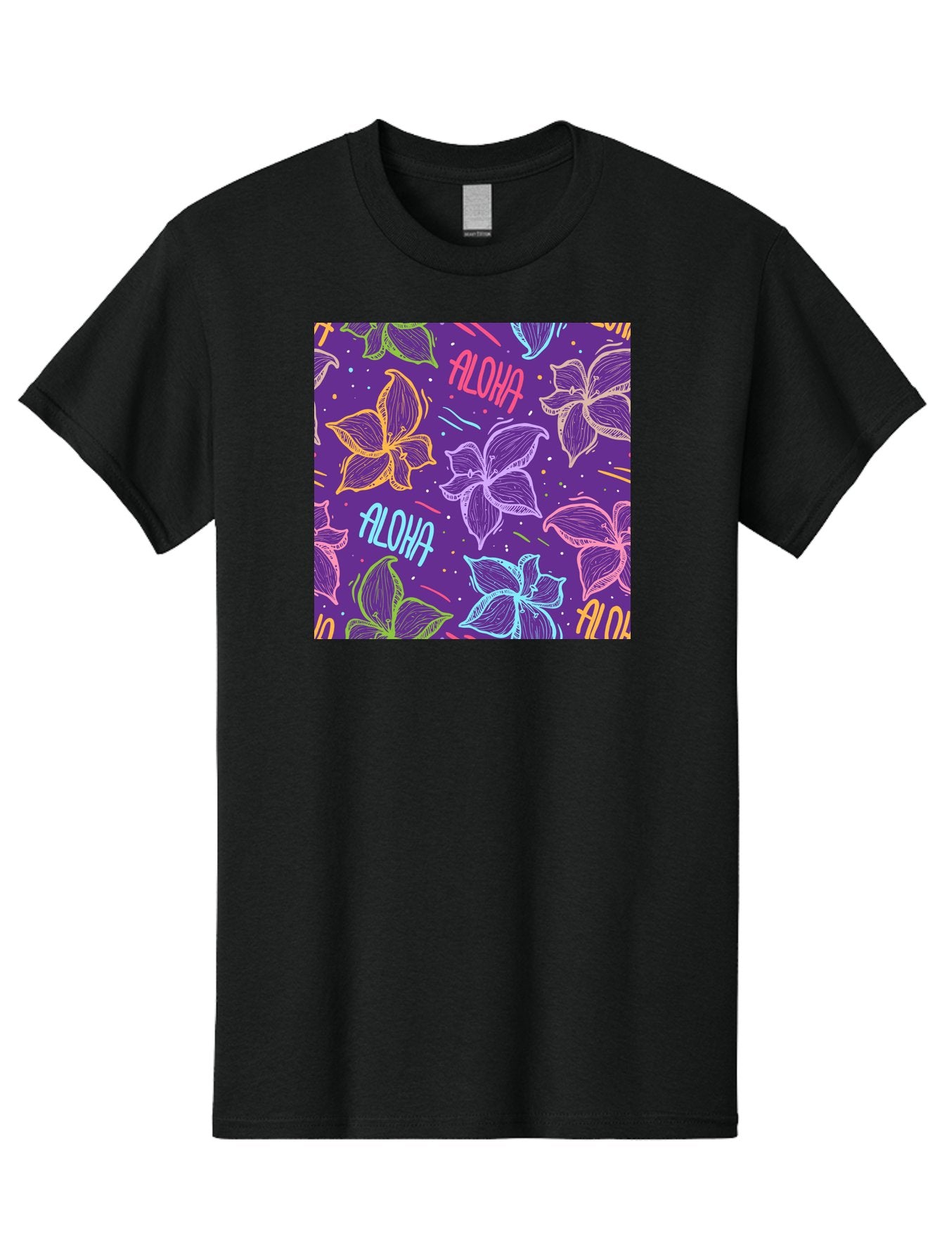 Aloha-Plumeria-Floral Men'S Graphic Tee, 100% Cotton, Comfortable Casual Summer Wear, Machine Washable, Plumeria Flowers, Tropical Flowers, Aloha Text, Colorful Graphics, Festive Design, Hawaiian Theme, Vibrant Colors, Playful Pattern, Aac376