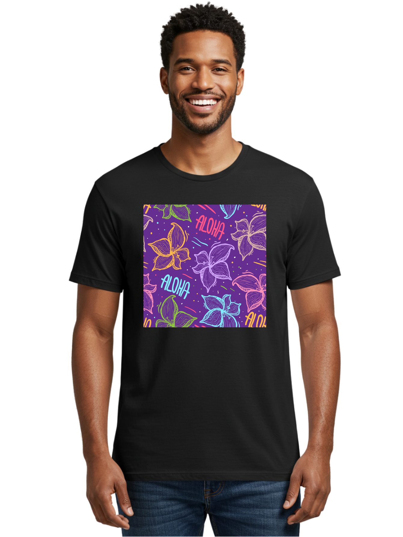 Aloha-Plumeria-Floral Men'S Graphic Tee, 100% Cotton, Comfortable Casual Summer Wear, Machine Washable, Plumeria Flowers, Tropical Flowers, Aloha Text, Colorful Graphics, Festive Design, Hawaiian Theme, Vibrant Colors, Playful Pattern, Aac376 20