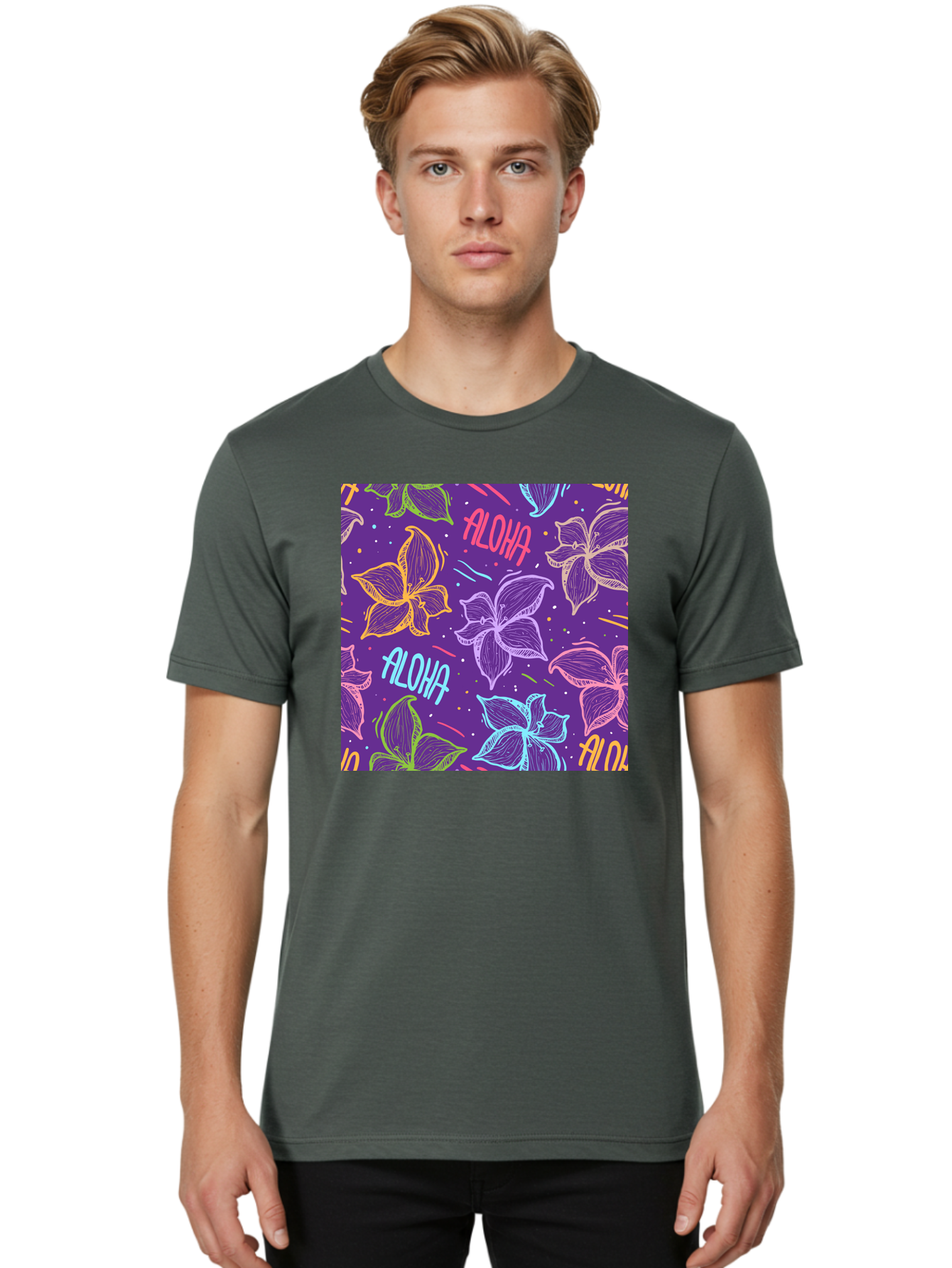 Aloha-Plumeria-Floral Men'S Graphic Tee, 100% Cotton, Comfortable Casual Summer Wear, Machine Washable, Plumeria Flowers, Tropical Flowers, Aloha Text, Colorful Graphics, Festive Design, Hawaiian Theme, Vibrant Colors, Playful Pattern, Aac376 24