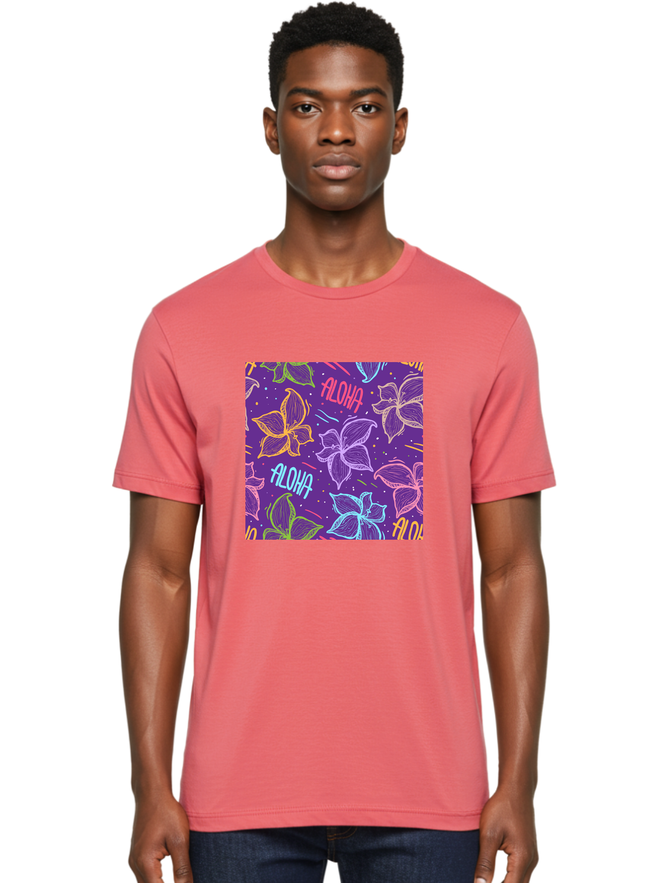 Aloha-Plumeria-Floral Men'S Graphic Tee, 100% Cotton, Comfortable Casual Summer Wear, Machine Washable, Plumeria Flowers, Tropical Flowers, Aloha Text, Colorful Graphics, Festive Design, Hawaiian Theme, Vibrant Colors, Playful Pattern, Aac376 4