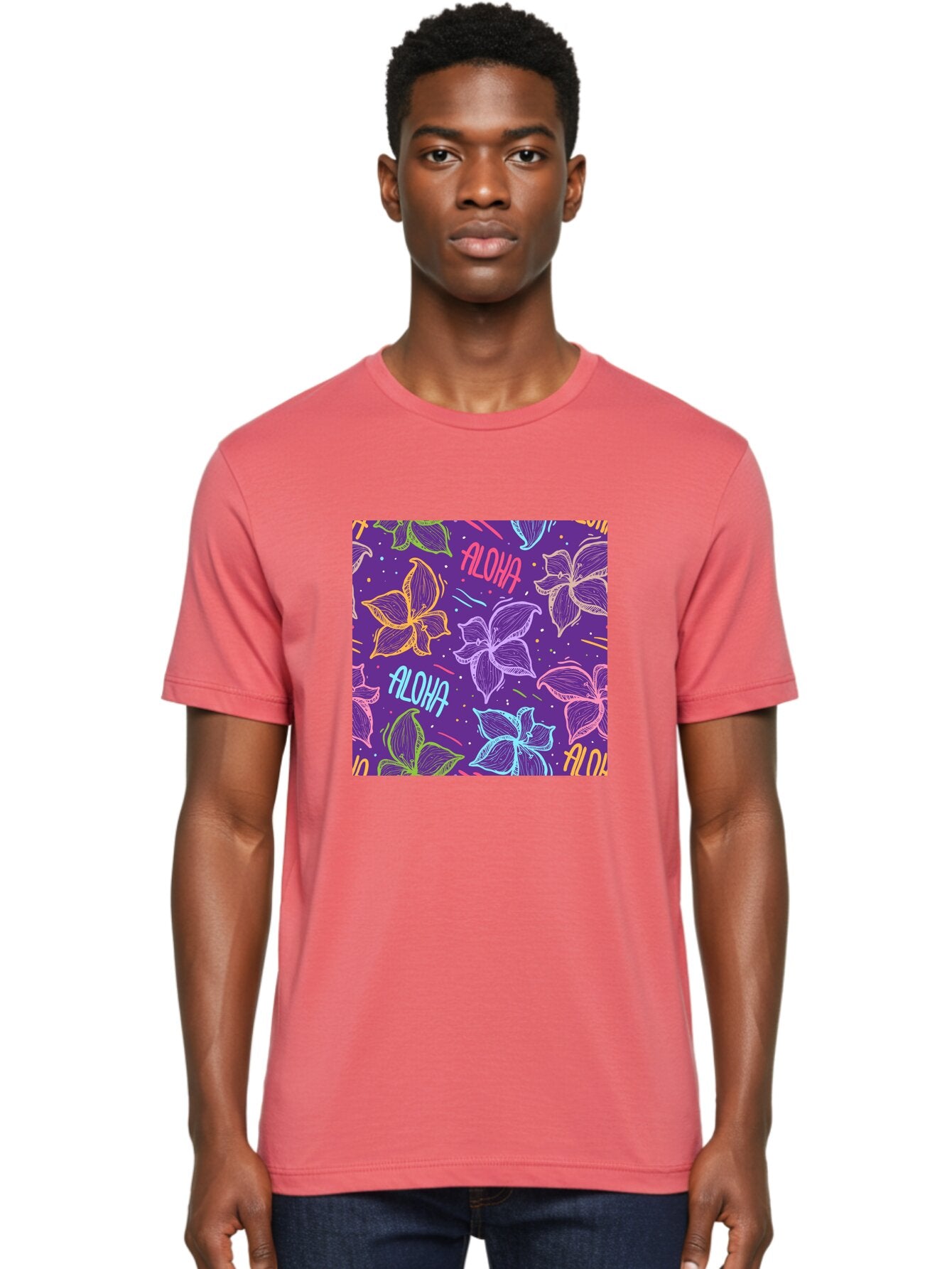 Aloha-Plumeria-Floral Men'S Graphic Tee, 100% Cotton, Comfortable Casual Summer Wear, Machine Washable, Plumeria Flowers, Tropical Flowers, Aloha Text, Colorful Graphics, Festive Design, Hawaiian Theme, Vibrant Colors, Playful Pattern, Aac376 29