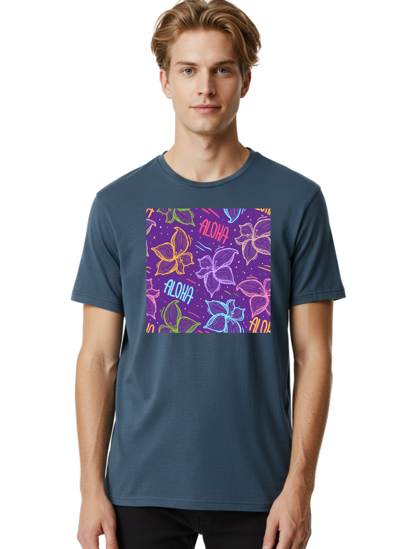 Aloha-Plumeria-Floral Men'S Graphic Tee, 100% Cotton, Comfortable Casual Summer Wear, Machine Washable, Plumeria Flowers, Tropical Flowers, Aloha Text, Colorful Graphics, Festive Design, Hawaiian Theme, Vibrant Colors, Playful Pattern, Aac376 22