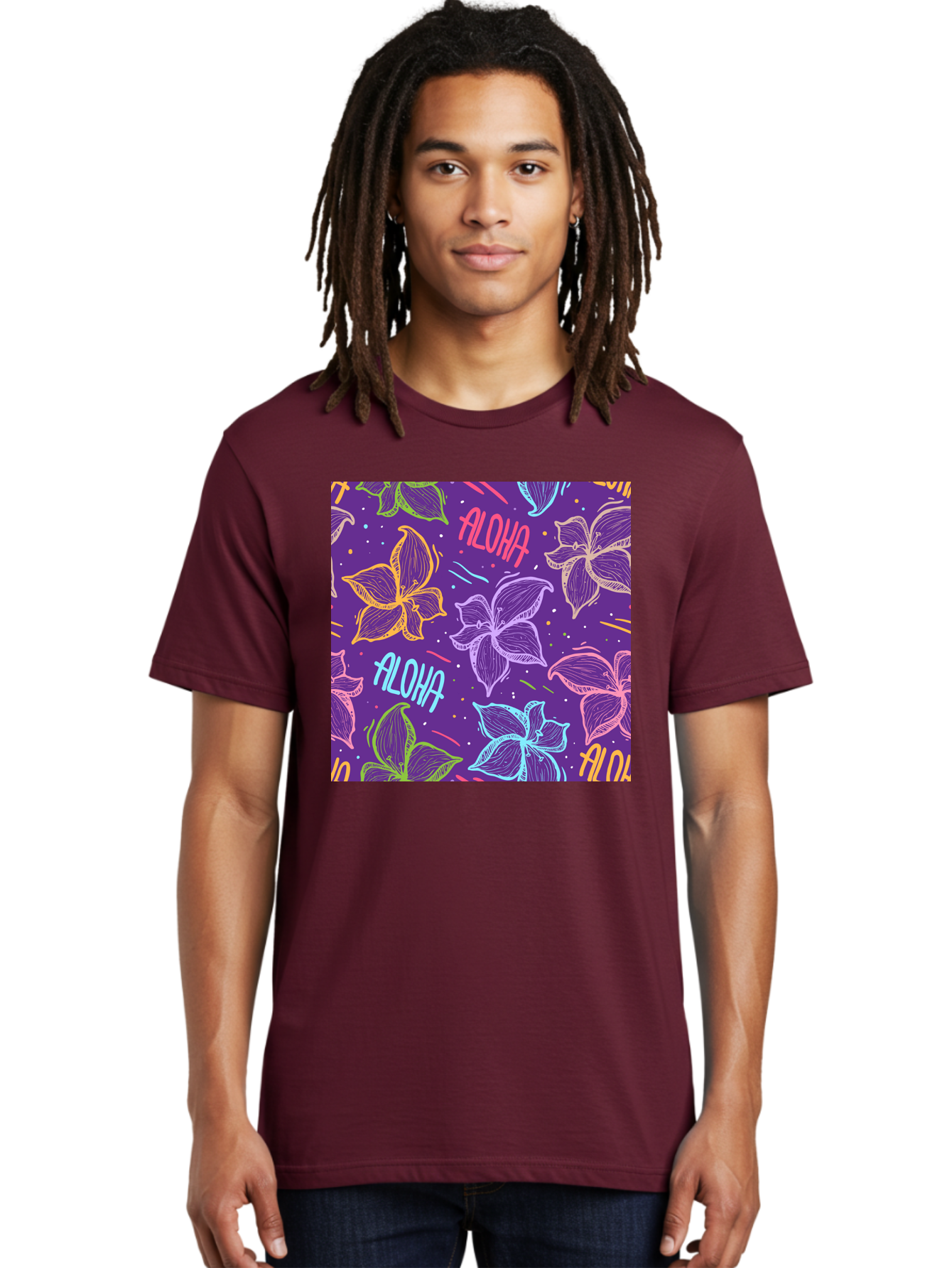 Aloha-Plumeria-Floral Men'S Graphic Tee, 100% Cotton, Comfortable Casual Summer Wear, Machine Washable, Plumeria Flowers, Tropical Flowers, Aloha Text, Colorful Graphics, Festive Design, Hawaiian Theme, Vibrant Colors, Playful Pattern, Aac376 12