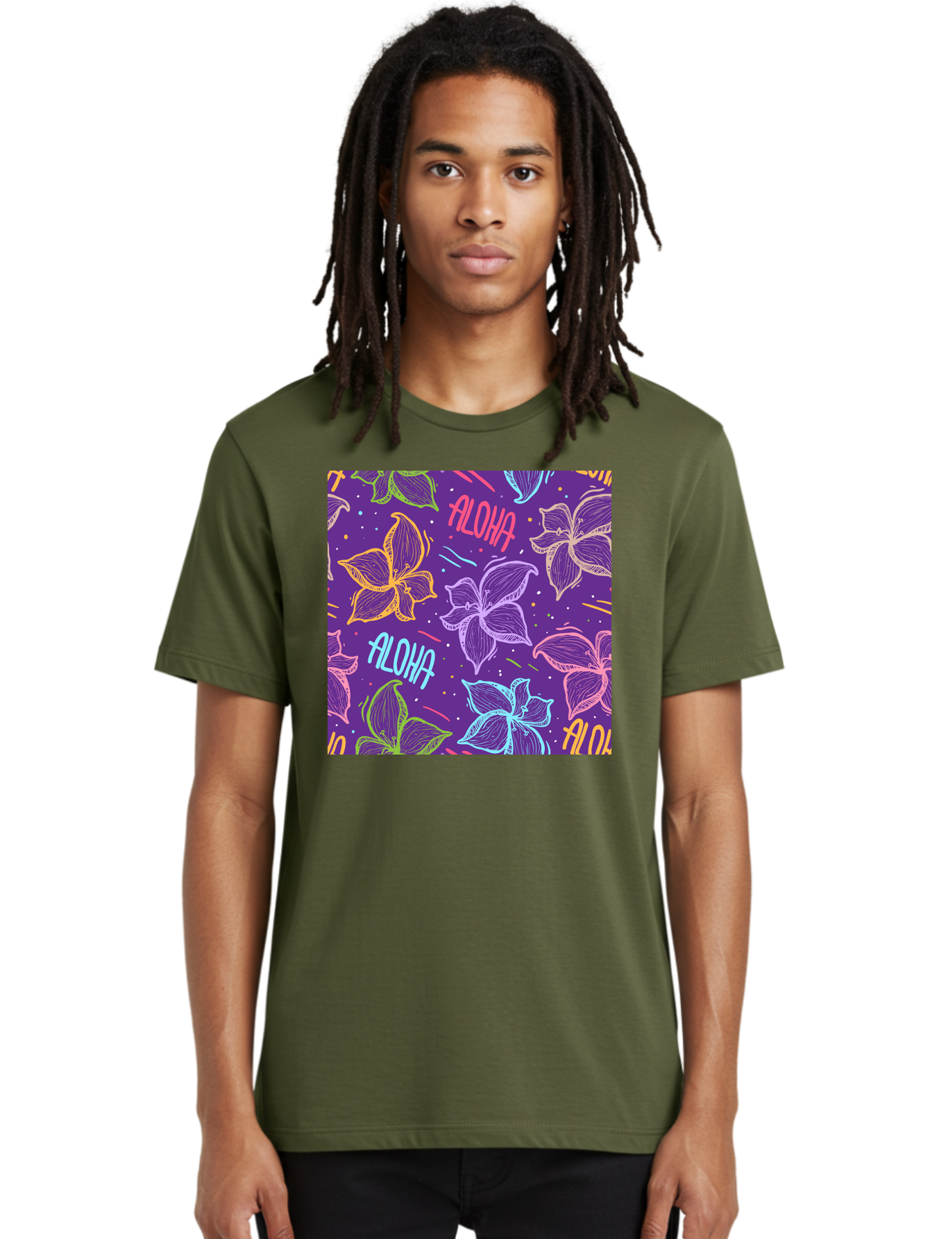 Aloha-Plumeria-Floral Men'S Graphic Tee, 100% Cotton, Comfortable Casual Summer Wear, Machine Washable, Plumeria Flowers, Tropical Flowers, Aloha Text, Colorful Graphics, Festive Design, Hawaiian Theme, Vibrant Colors, Playful Pattern, Aac376 14