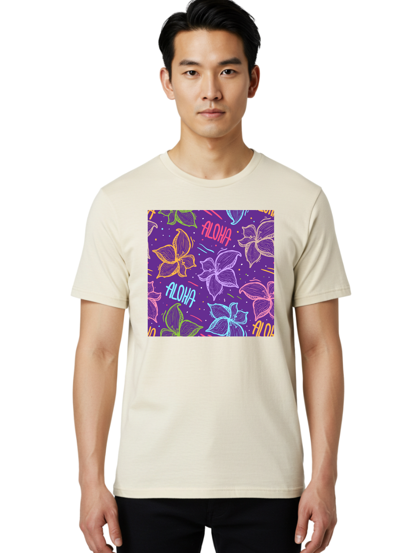 Aloha-Plumeria-Floral Men'S Graphic Tee, 100% Cotton, Comfortable Casual Summer Wear, Machine Washable, Plumeria Flowers, Tropical Flowers, Aloha Text, Colorful Graphics, Festive Design, Hawaiian Theme, Vibrant Colors, Playful Pattern, Aac376 18