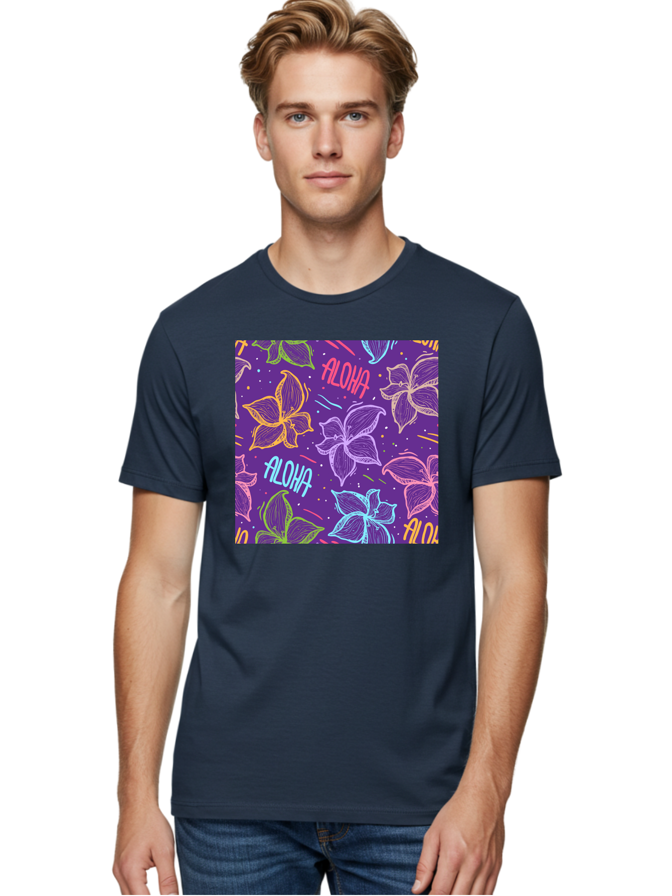 Aloha-Plumeria-Floral Men'S Graphic Tee, 100% Cotton, Comfortable Casual Summer Wear, Machine Washable, Plumeria Flowers, Tropical Flowers, Aloha Text, Colorful Graphics, Festive Design, Hawaiian Theme, Vibrant Colors, Playful Pattern, Aac376 16