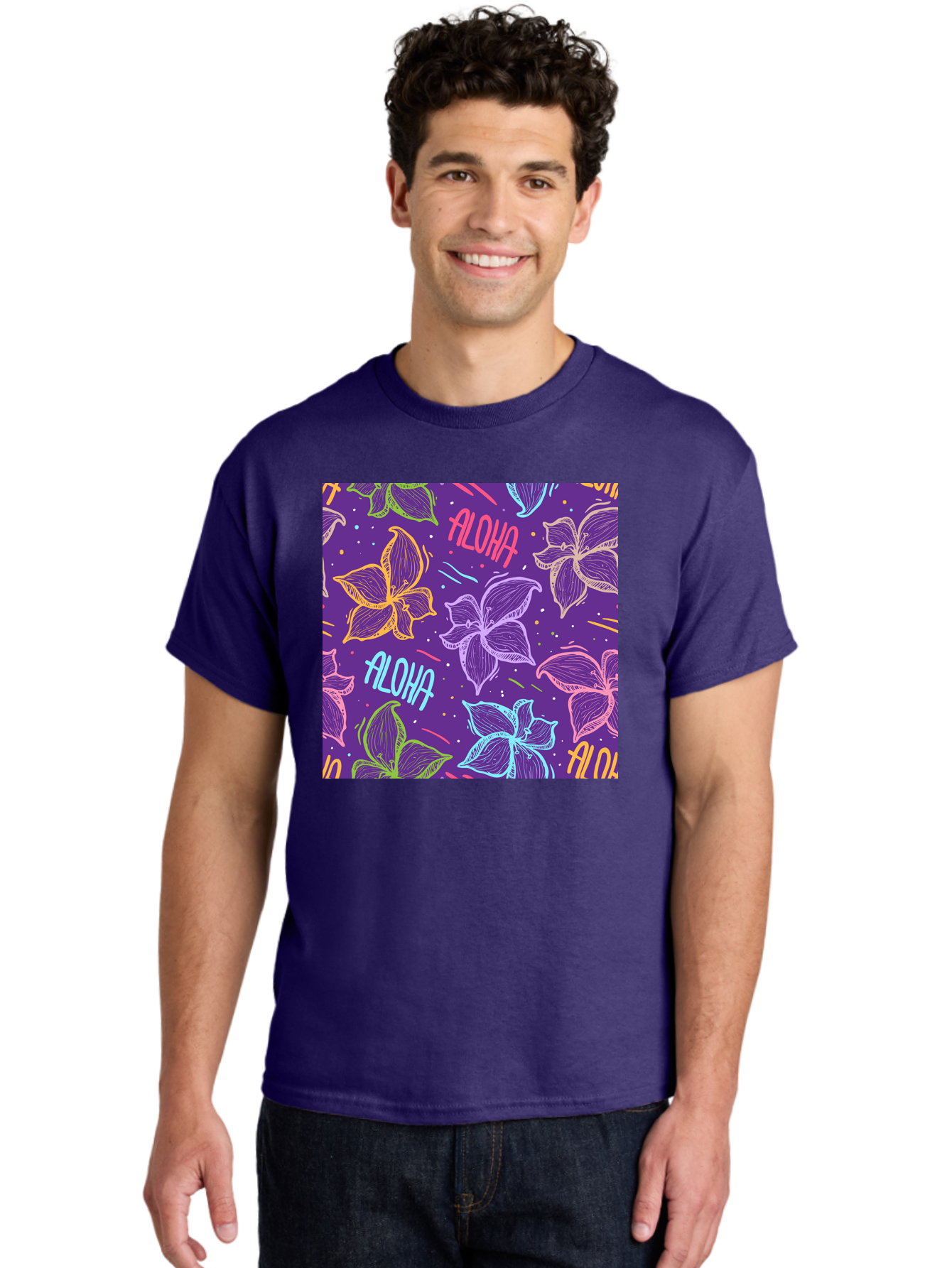 Aloha-Plumeria-Floral Men'S Graphic Tee, 100% Cotton, Comfortable Casual Summer Wear, Machine Washable, Plumeria Flowers, Tropical Flowers, Aloha Text, Colorful Graphics, Festive Design, Hawaiian Theme, Vibrant Colors, Playful Pattern, Aac376 10