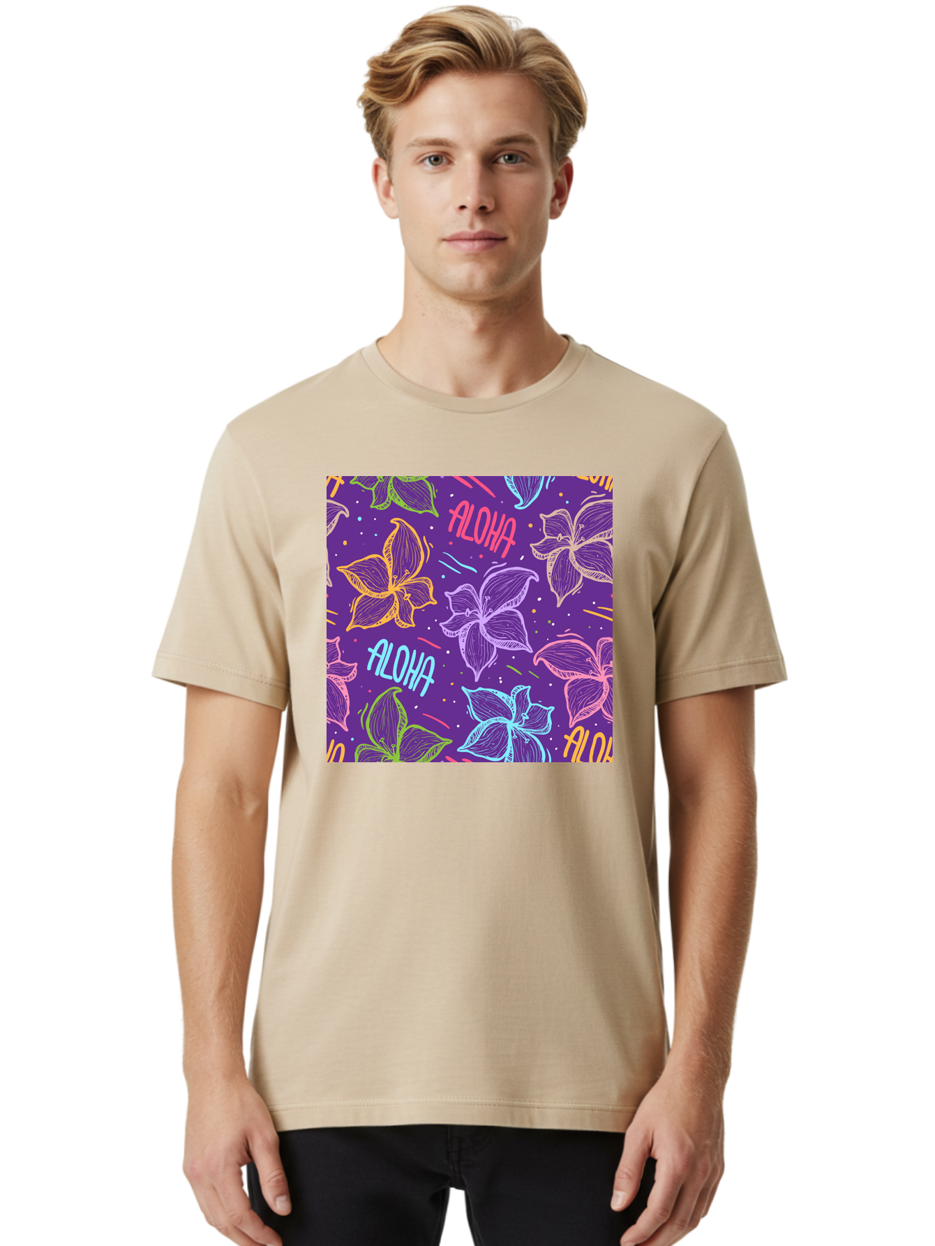 Aloha-Plumeria-Floral Men'S Graphic Tee, 100% Cotton, Comfortable Casual Summer Wear, Machine Washable, Plumeria Flowers, Tropical Flowers, Aloha Text, Colorful Graphics, Festive Design, Hawaiian Theme, Vibrant Colors, Playful Pattern, Aac376 30