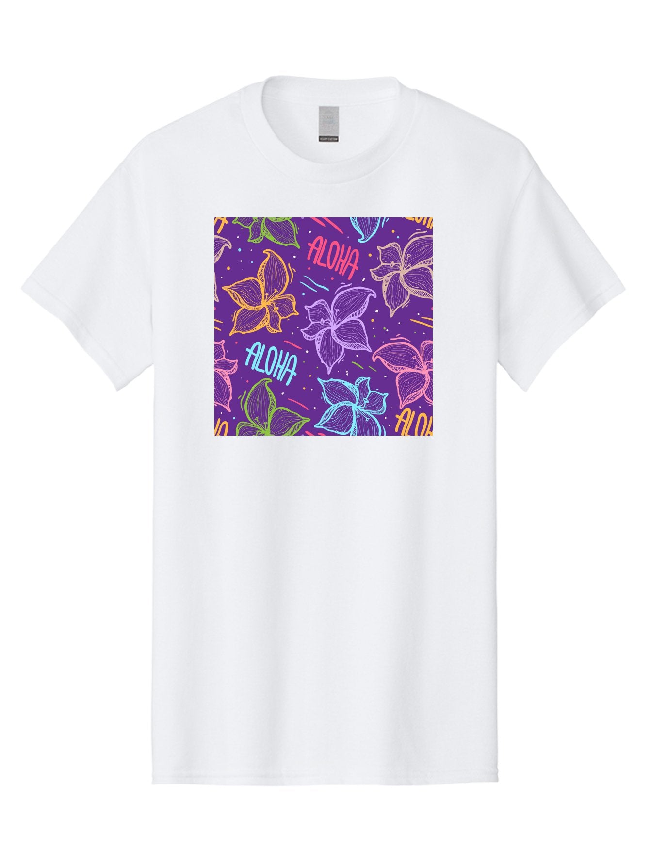 Aloha-Plumeria-Floral Men'S Graphic Tee, 100% Cotton, Comfortable Casual Summer Wear, Machine Washable, Plumeria Flowers, Tropical Flowers, Aloha Text, Colorful Graphics, Festive Design, Hawaiian Theme, Vibrant Colors, Playful Pattern, Aac376 7