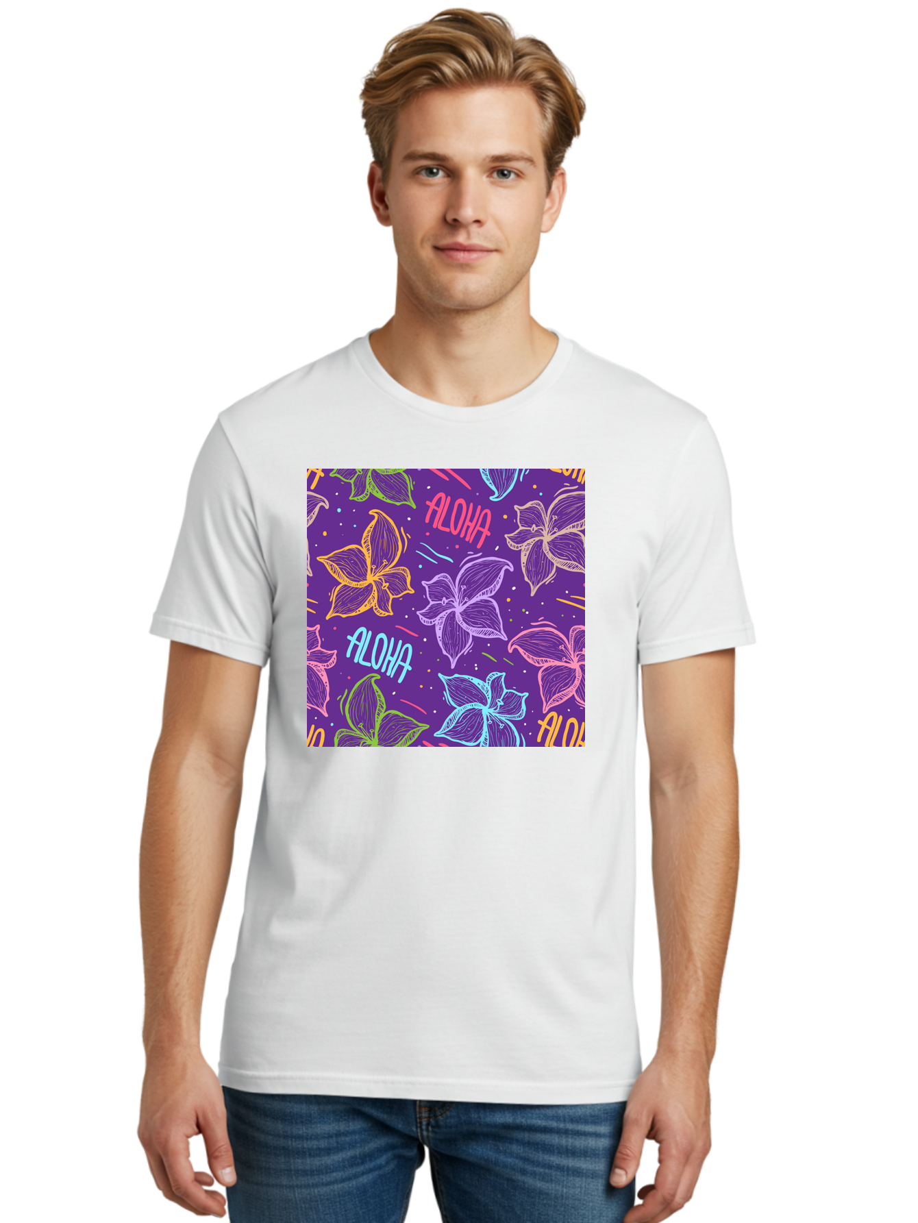 Aloha-Plumeria-Floral Men'S Graphic Tee, 100% Cotton, Comfortable Casual Summer Wear, Machine Washable, Plumeria Flowers, Tropical Flowers, Aloha Text, Colorful Graphics, Festive Design, Hawaiian Theme, Vibrant Colors, Playful Pattern, Aac376 26