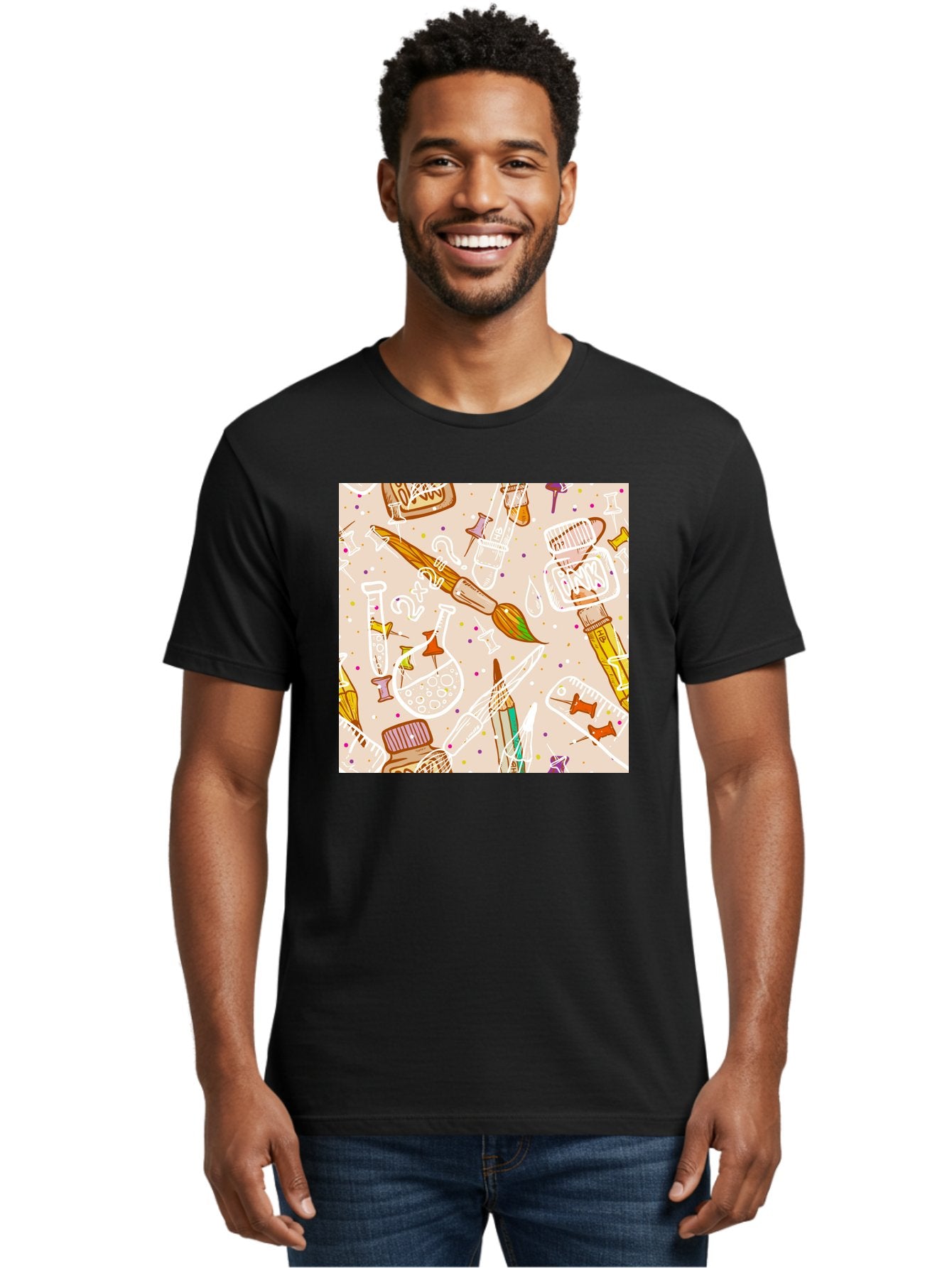 Art-And-Science Men'S Graphic Tee, 100% Cotton, Comfortable Casual Summer Wear, Machine Washable, Science And Art Supplies, Beakers, Test Tubes, Paintbrushes, Pencils, Creative Tools, Artistic Expression, Scientific Experimentation, Aac378 30