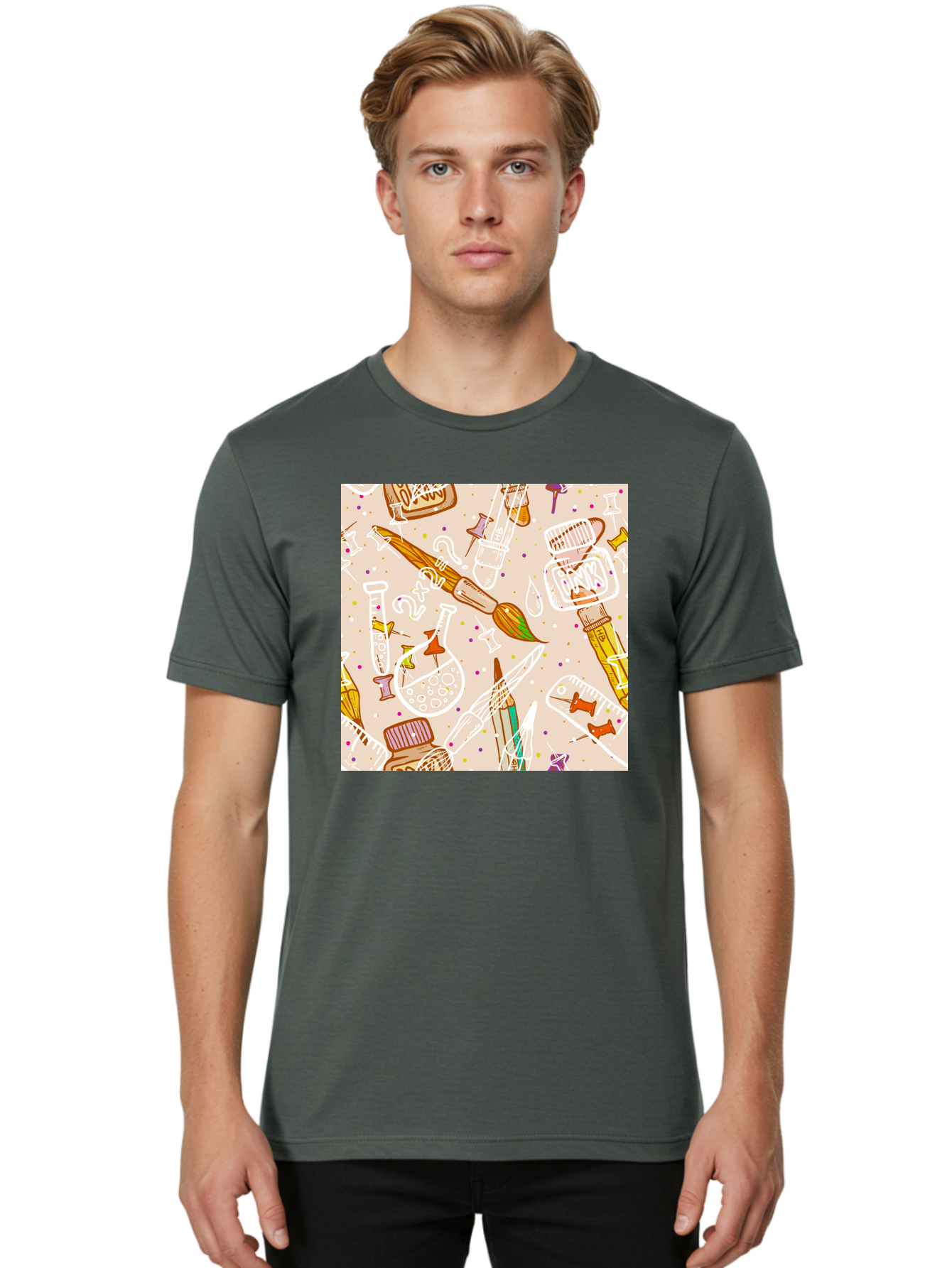 Art-And-Science Men'S Graphic Tee, 100% Cotton, Comfortable Casual Summer Wear, Machine Washable, Science And Art Supplies, Beakers, Test Tubes, Paintbrushes, Pencils, Creative Tools, Artistic Expression, Scientific Experimentation, Aac378 18