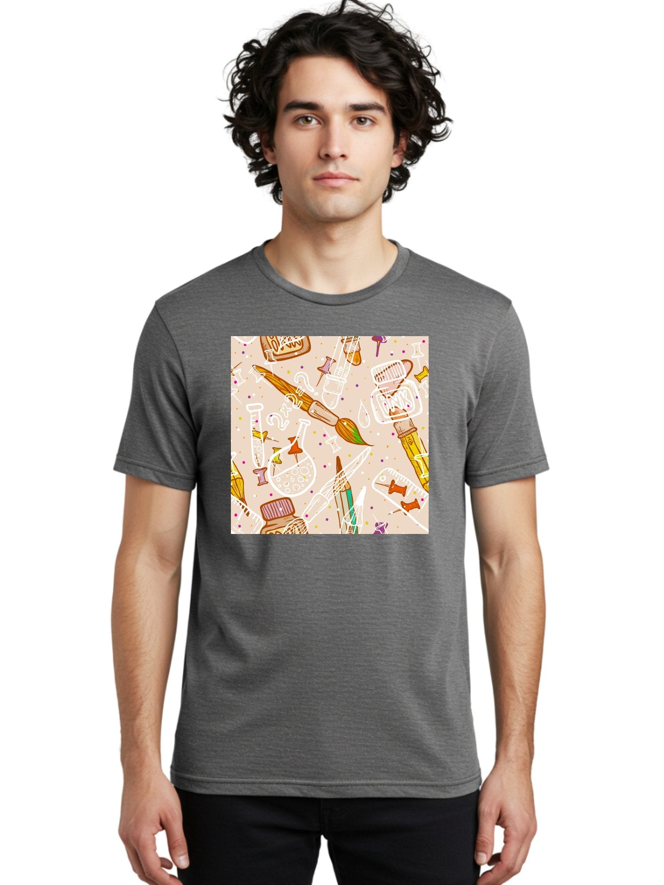 Art-And-Science Men'S Graphic Tee, 100% Cotton, Comfortable Casual Summer Wear, Machine Washable, Science And Art Supplies, Beakers, Test Tubes, Paintbrushes, Pencils, Creative Tools, Artistic Expression, Scientific Experimentation, Aac378 16